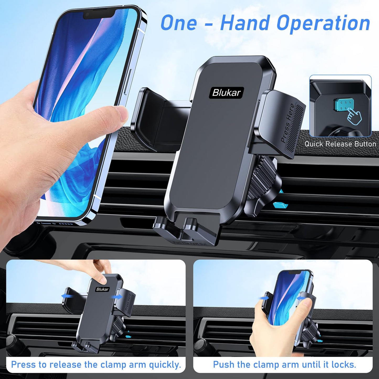 Car Phone Holder Mount, Super Stable Air Vent Cell Phone Car Mount with 2025 Metal Hook Clip, 360° Rotation,One Button Release for iPhone, Galaxy, Google, and All Other Smartphones - Medaid International