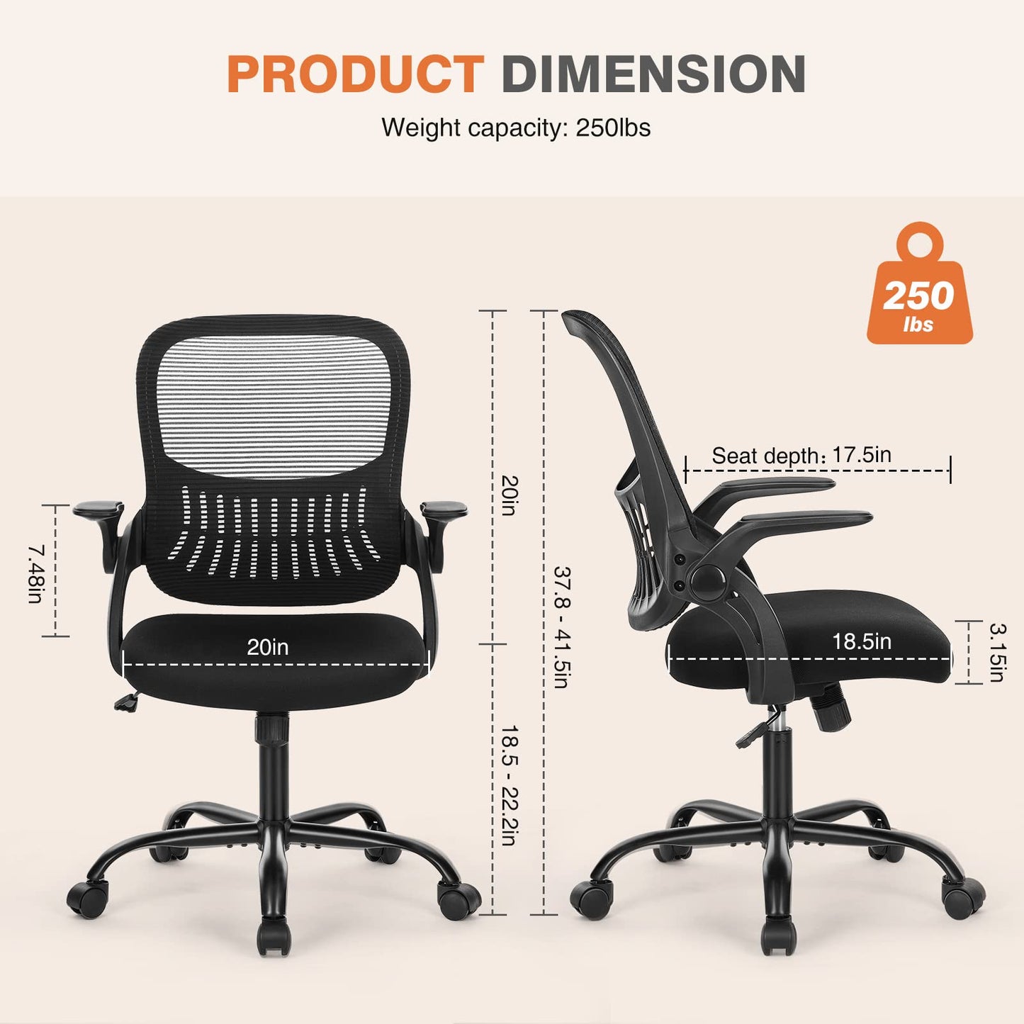 Sweetcrispy Office Computer Desk Chair, Ergonomic Mid-Back Mesh Rolling Work Swivel Task Chairs with Wheels, Comfortable Lumbar Support, Comfy Flip-up Arms for Home, Bedroom, Study, Student, Black - Medaid International