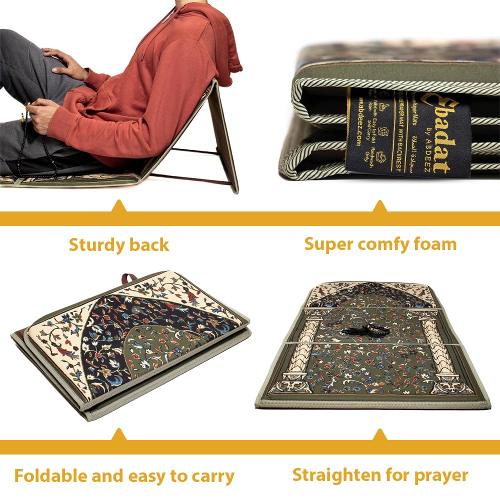 ABDEEZ Exclusive Foldable Prayer mat with Back Support, Flannel Fabric | Extra Padding for Comfort | Easy to Carry | Janamaz, Sajadah | Ramadan/Eid Gift, Perfect Mus LIM Gift (Earth Green) - Medaid International