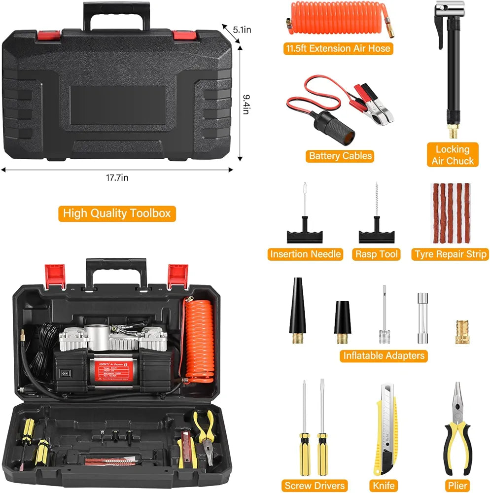 Portable Air Compressor Pump Tire Inflator with Digital Gauge, Heavy Duty Double Cylinder 12V Tire Pump 150 PSI with Tire Repair Kit - Medaid International