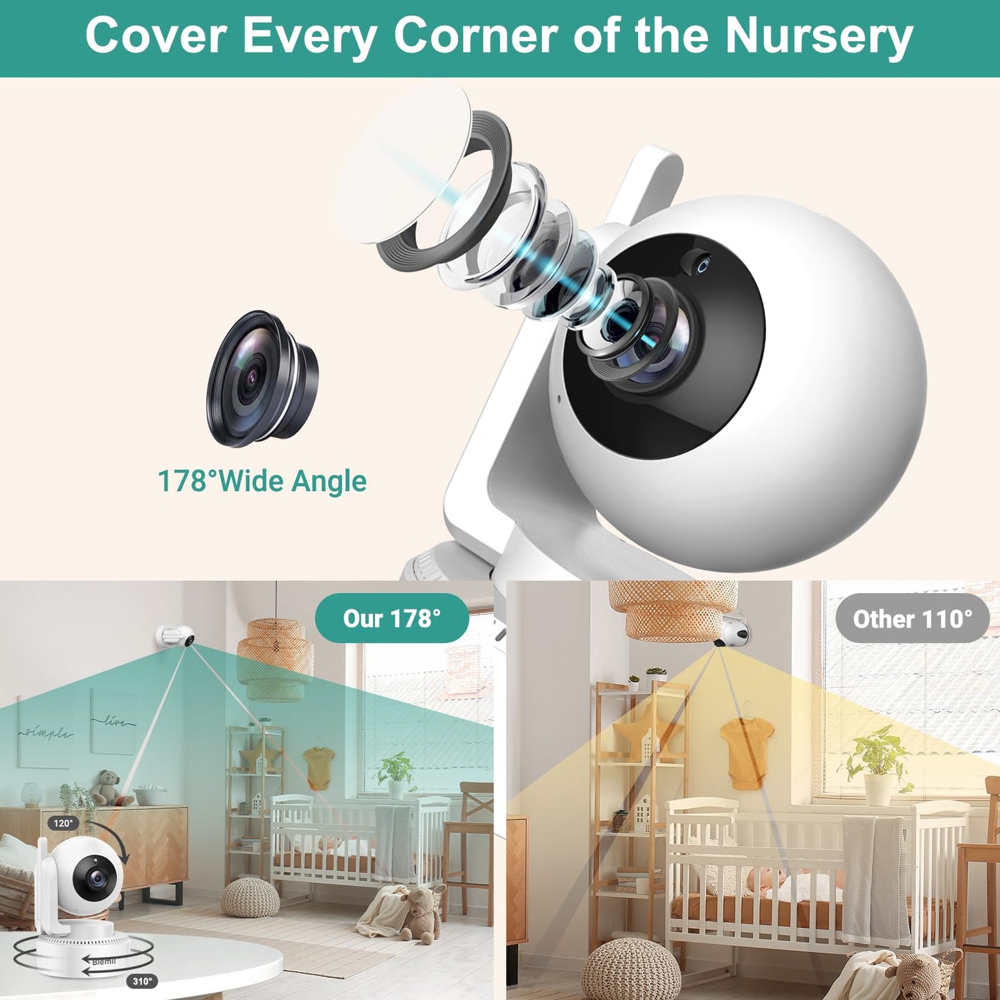 Blemil 6" Baby Monitor with 2 Cameras 4000mAh Battery Upgrade Split Screen Video Baby Monitor No WiFi Remote Pan-Tilt-Zoom Auto-Night Vision 150 Languages ECO Mode 2-Way Talk 1000FT (Ideal Condition) - Medaid International