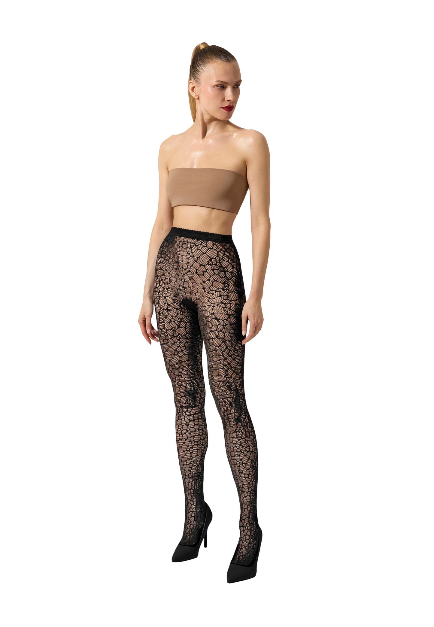 Wolford Reptile Net Tights for Women Seamless Snakeskin Fishnet Pantyhose Matte Finish Logo Waistband Eco Recycled Yarn Black Large - Medaid International