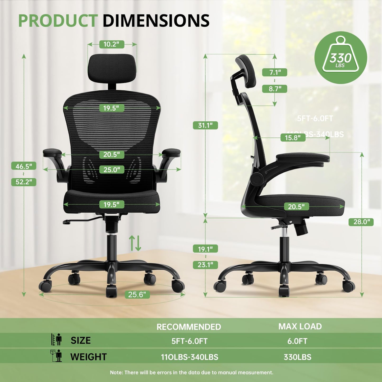 Office Chair Ergonomic Desk Chair, 330LBS Capacity, High Back Computer Chair for Long Hours Comfortable, Rolling Swivel Executive Task Chair for Home Office with Flip-up Armrests, Black - Medaid International
