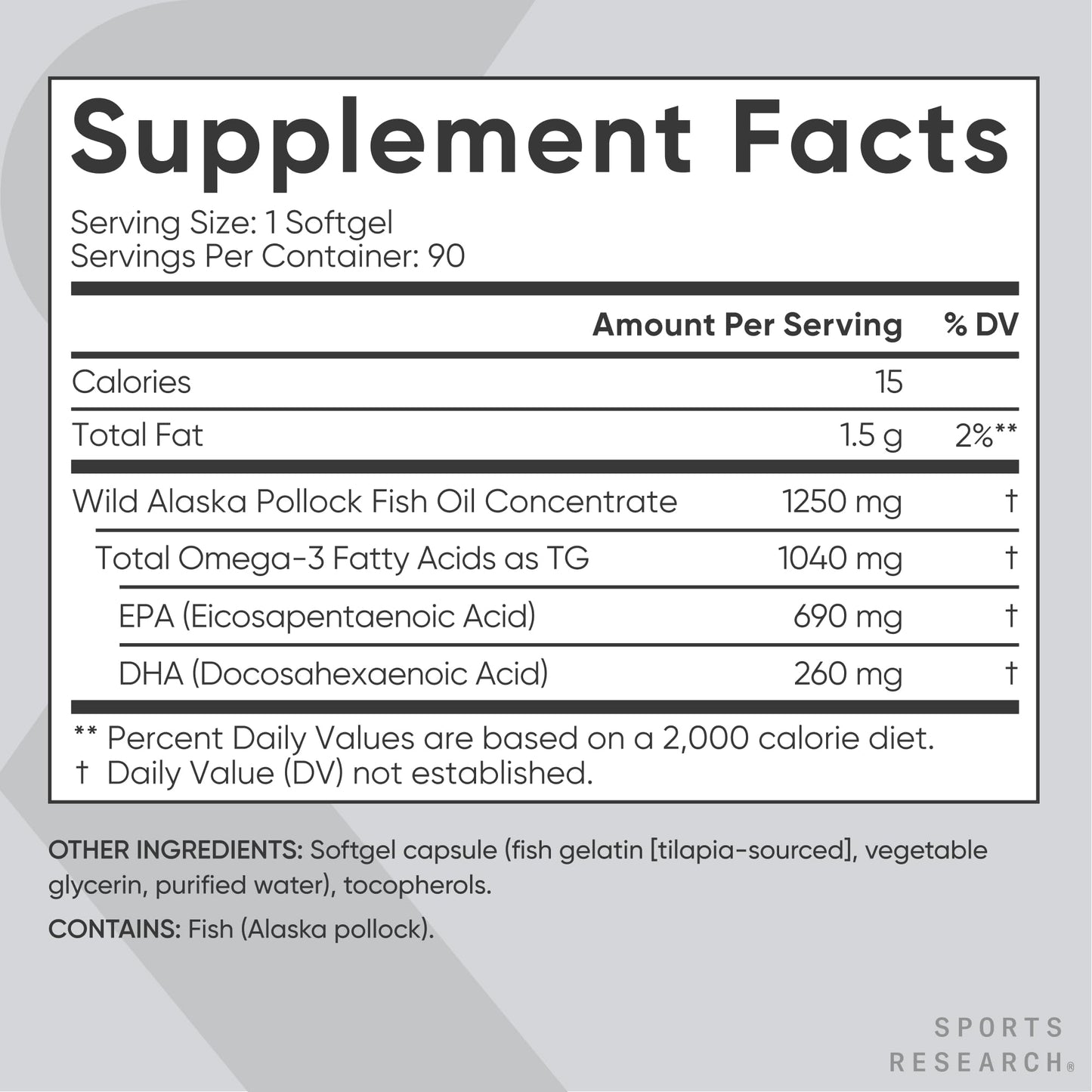 Sports Research Triple Strength Omega 3 Fish Oil - Burpless Fish Oil Supplement w/EPA & DHA Fatty Acids from Single-Source Wild Alaskan Pollock - 1250 mg, 90 ct - Medaid International