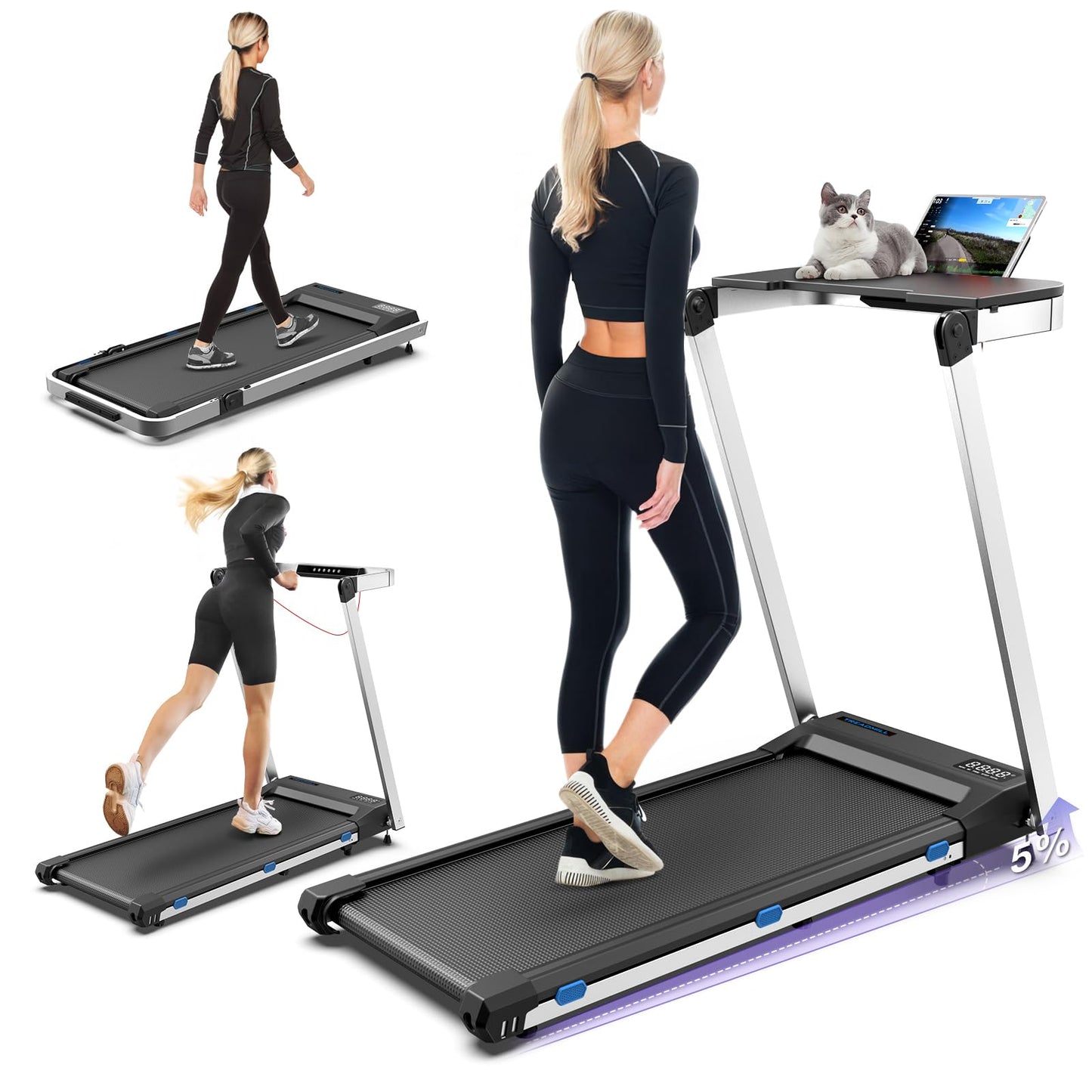 Desk Treadmill with Incline & Handle, 3 in 1 Portable Treadmill with Removable Desk Workstation, Foldable Walking Treadmills for Home Office Small Space, Voice & App & Remote Control, 2s Folding - Medaid International