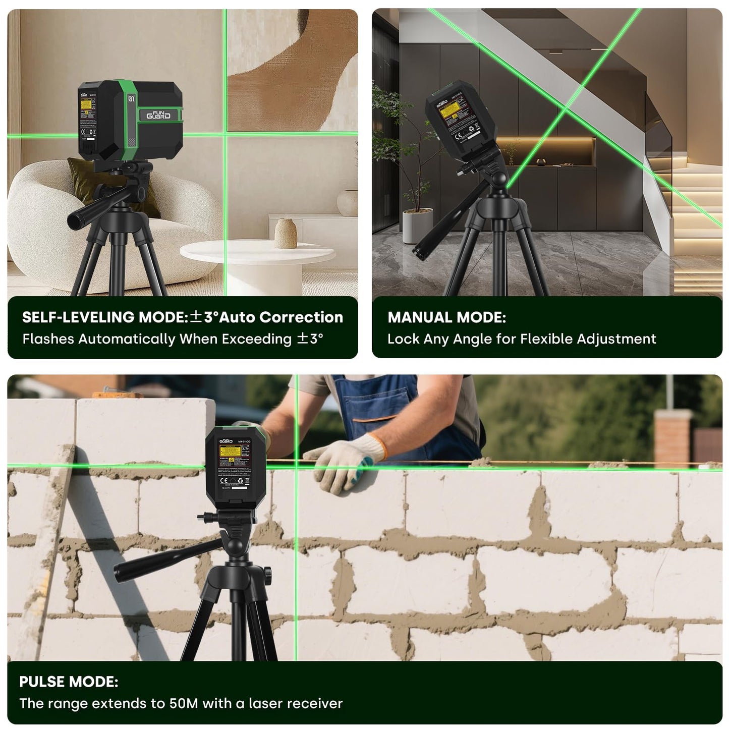 Funguard Green Laser Level with Adjustable Tripod Type-C Rechargeable Lithium Battery 360° Self Leveling Waterproof Outdoor Cross Line with Pulse Mode, Magnetic Bracket - Medaid International