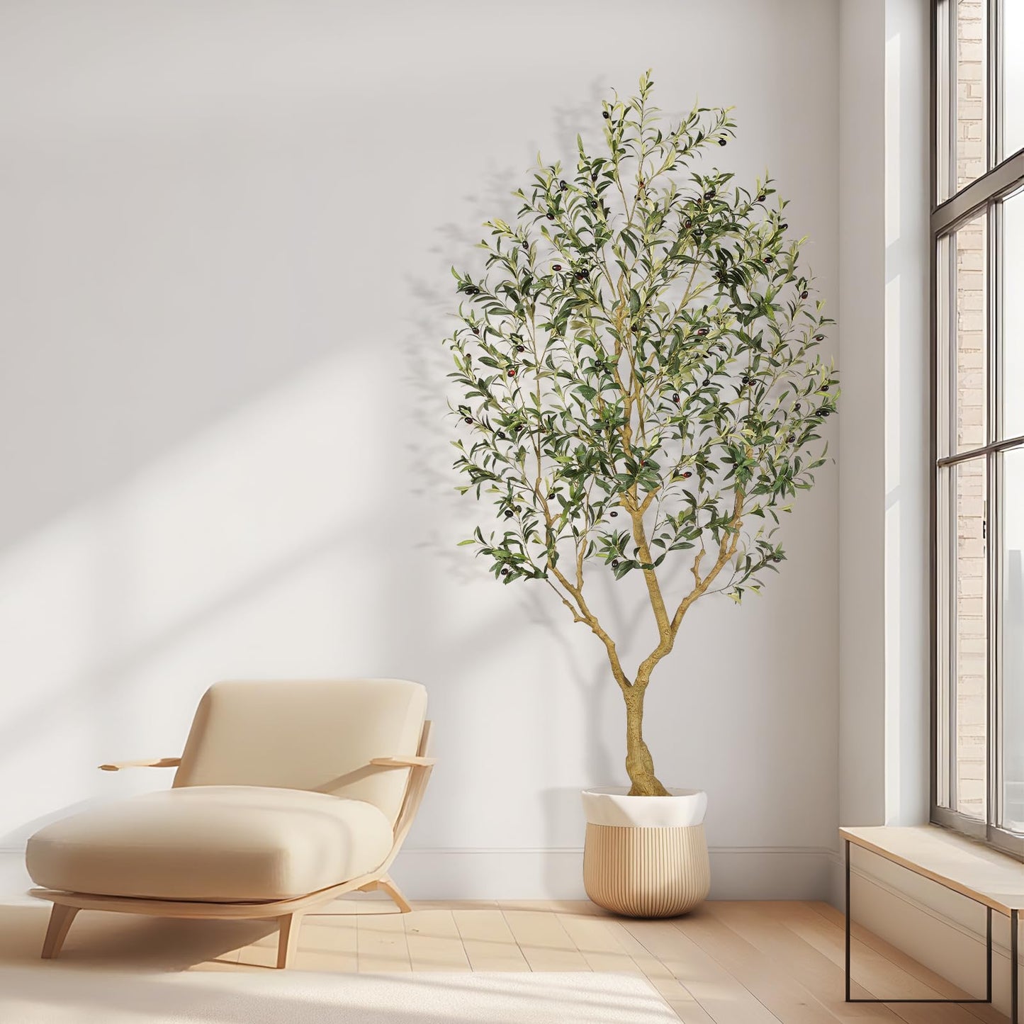 PHYTREE Faux Olive Tree 7FT, Olive Trees Artificial Indoor, Large Fake Tree with Realistic Leaves Branches and Lifelike Fruits for Home Office Living Room Decor - Medaid International