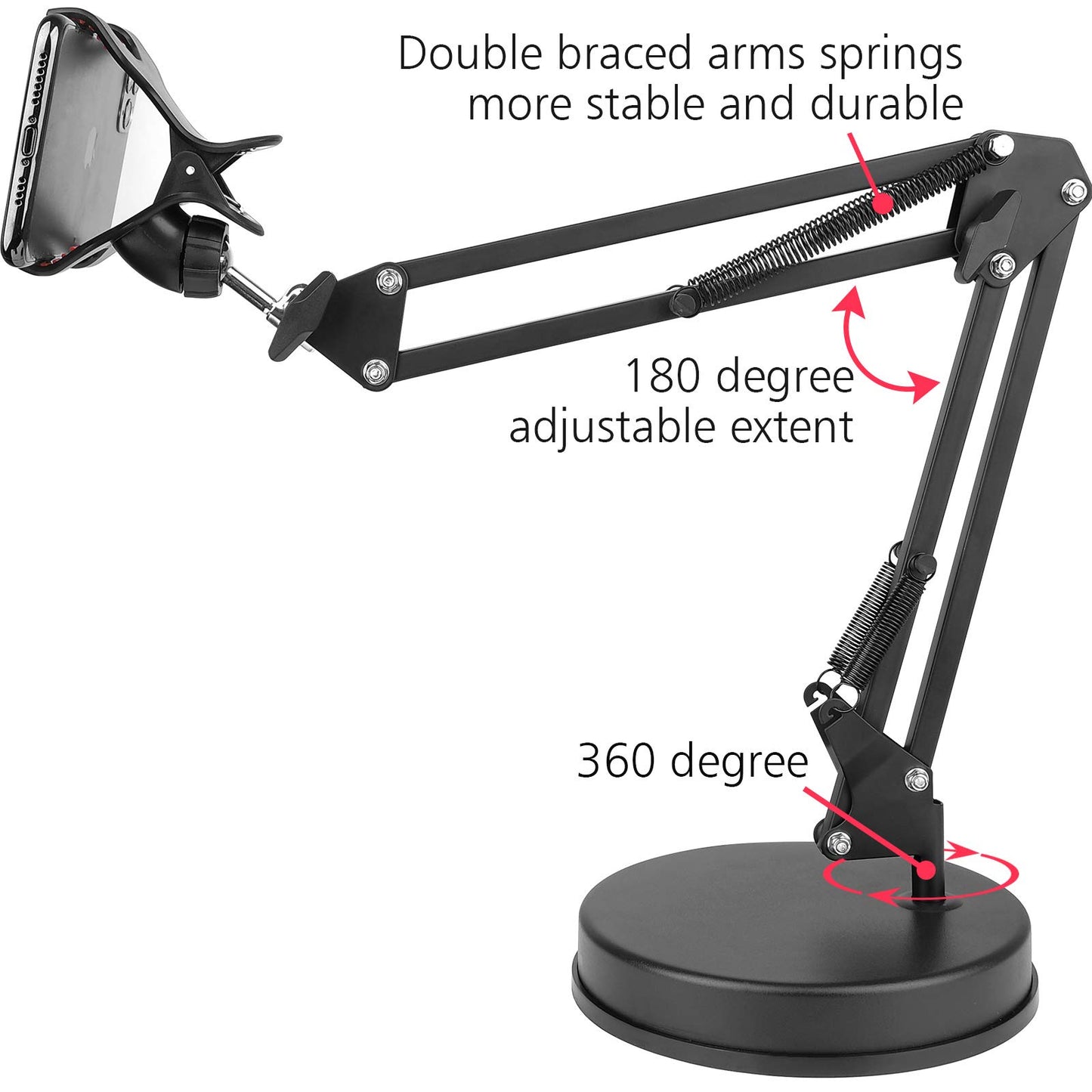 Chromlives Overhead Phone Mount - Articulating Arm Stand with Base, 360 Adjustable Phone & Tablet Holder - Medaid International