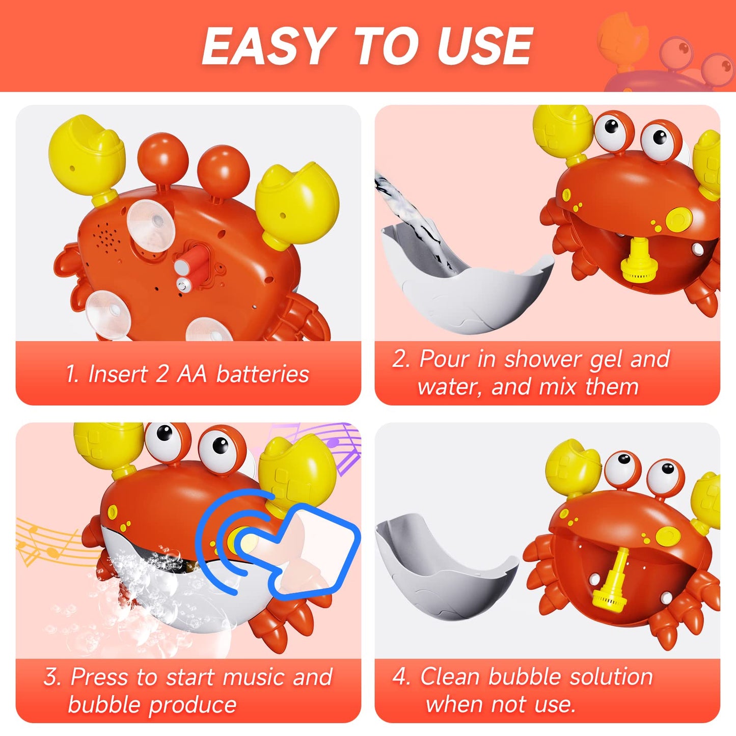 GLZOOO Crab Bath Toys: Bath Toys for Toddlers, Blow Bubbles and Plays 12 Children’s Songs, Sing-Along Bath Bubble Maker for Baby (Red) - Medaid International