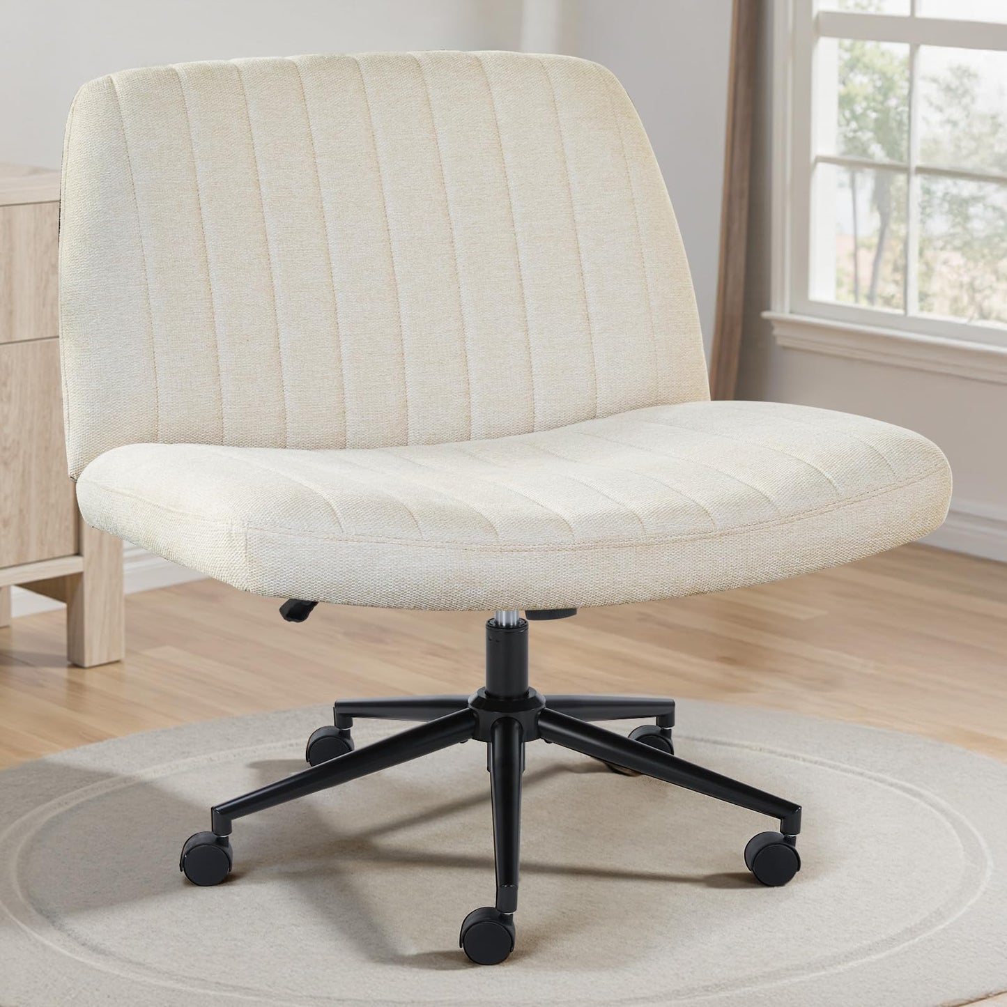 OLIXIS Criss Cross Chair with Wheels Wide Cross Legged Office Desk Vanity Chair Comfy Fabric Armless Adjustable Swivel for Home Computer Task Fabric Beige - Medaid International
