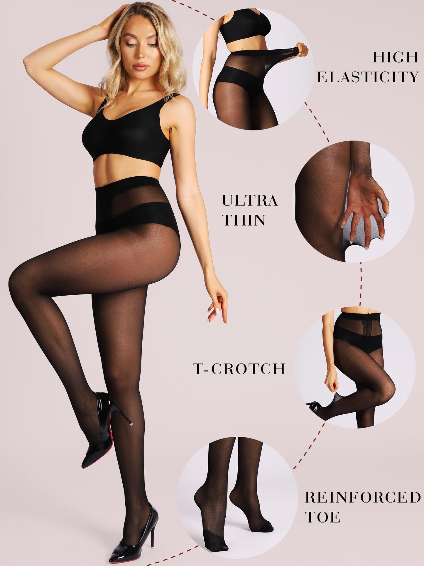 HONENNA Sheer Black Tights for Women 2 Pairs Ultra Thin Reinforced T Crotch Control Top Pantyhose Stockings - Medaid International