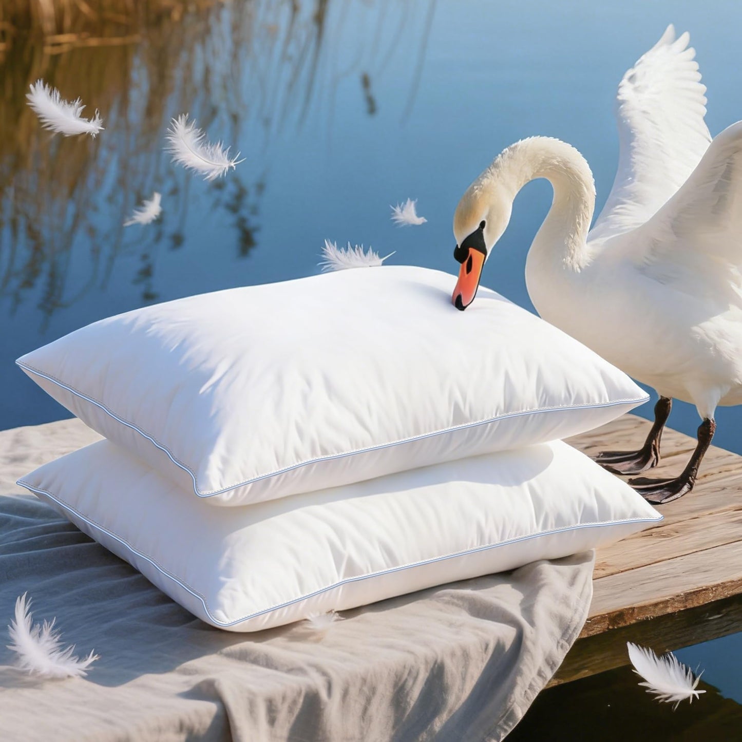 zibroges Goose Feather Pillow Queen Size Pack of 2 - Down Hotel Bed Pillows for Sleeping, Soft 600 Thread Count Cotton Cover, Fluffy Support Surround Fill Polyester for Back, Stomach, Side Sleepers - Medaid International