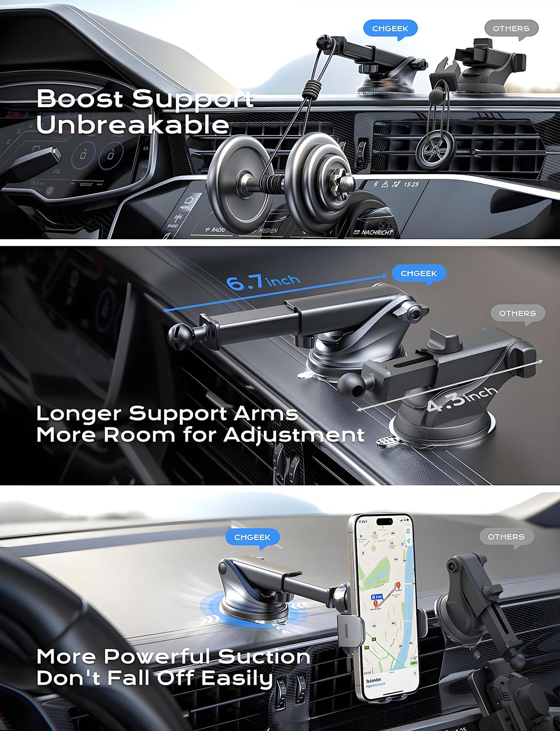 Wireless Car Charger, 2025 Upgrade 15W Fast Charging Auto Clamping Car Phone Holder Charger, Phone Holders for car, CHGeek,fit for iPhone 16 15 14 13 Mini Pro Max XR, Samsung Galaxy S25 Ultra - Medaid International
