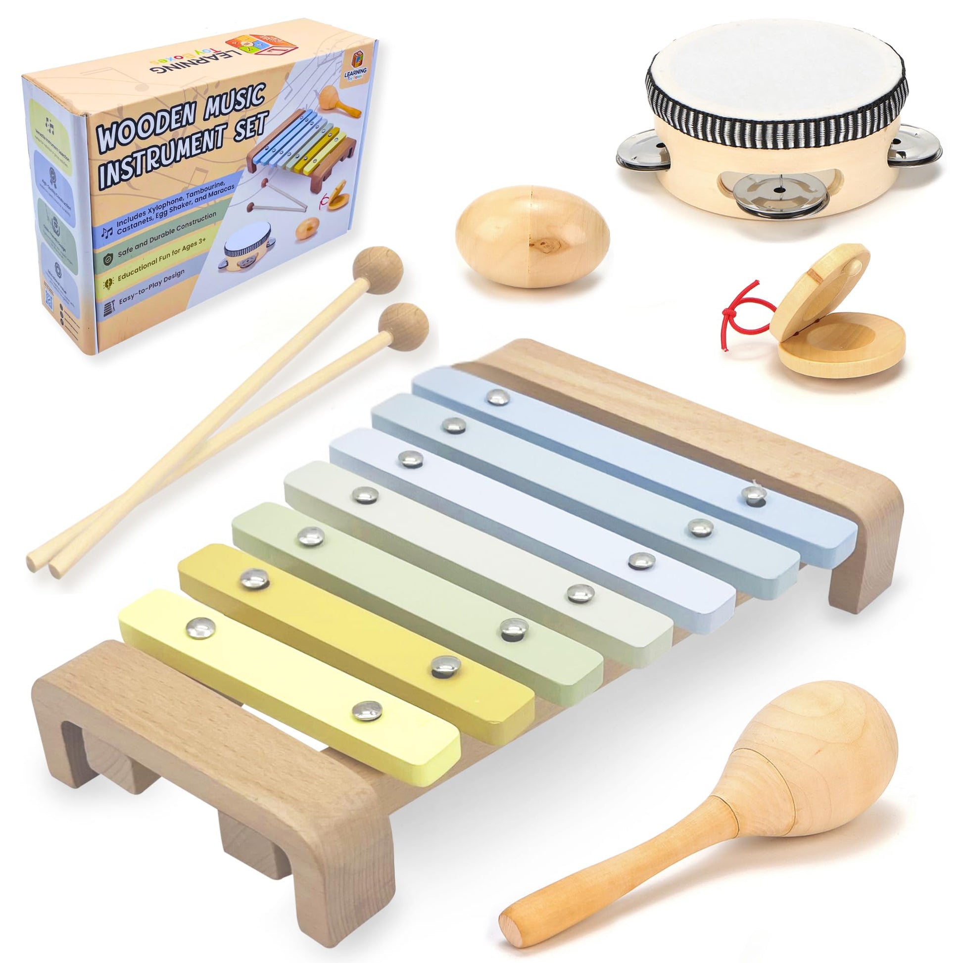 Natural Wood Baby Toys - Musical Toys for Toddlers 1-3: Toddler Musical Instruments Set of 5 in 1, with a Tambourine, Egg Shaker, Castanet, Maracas and Xylophone for Kids at All Ages - Medaid International