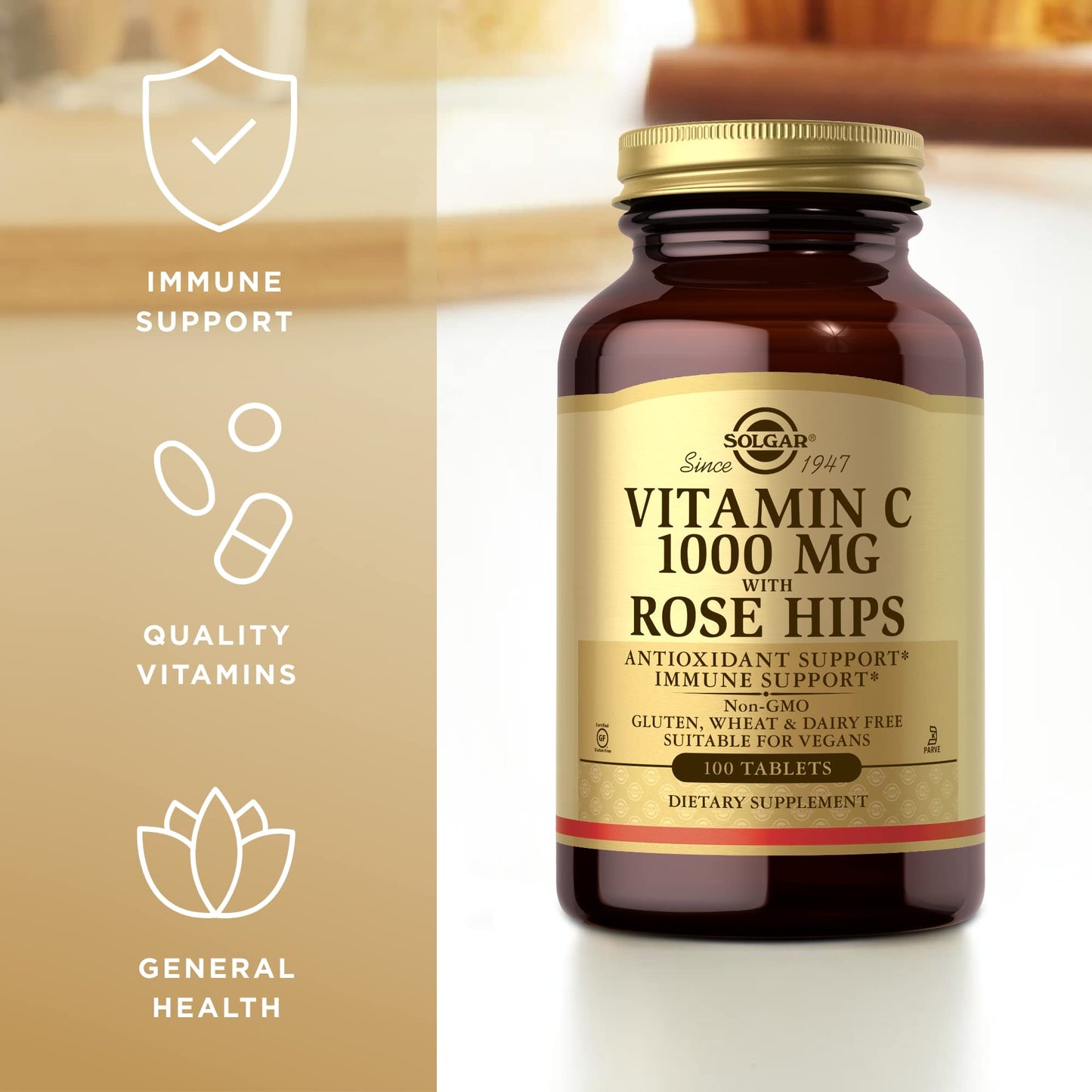 Solgar Vitamin C 1000 mg with Rose Hips - 100 Tablets - Antioxidant & Immune Support - Non-GMO, Vegan, Gluten Free, Dairy Free, Kosher - 100 Servings - Medaid International