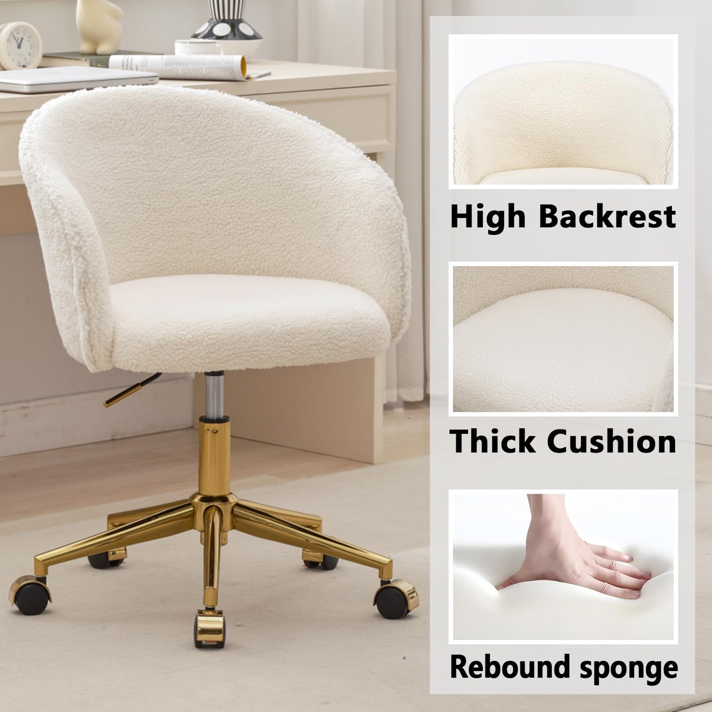 Nahenduo Cute Vanity Chair with Back, Teddy Velvet Desk Chair with Wheels and Gold Legs, Modern Makeup Chairs for Vanity Bedroom Office, Adjustable High 360 Swivel (Teddy White) - Medaid International
