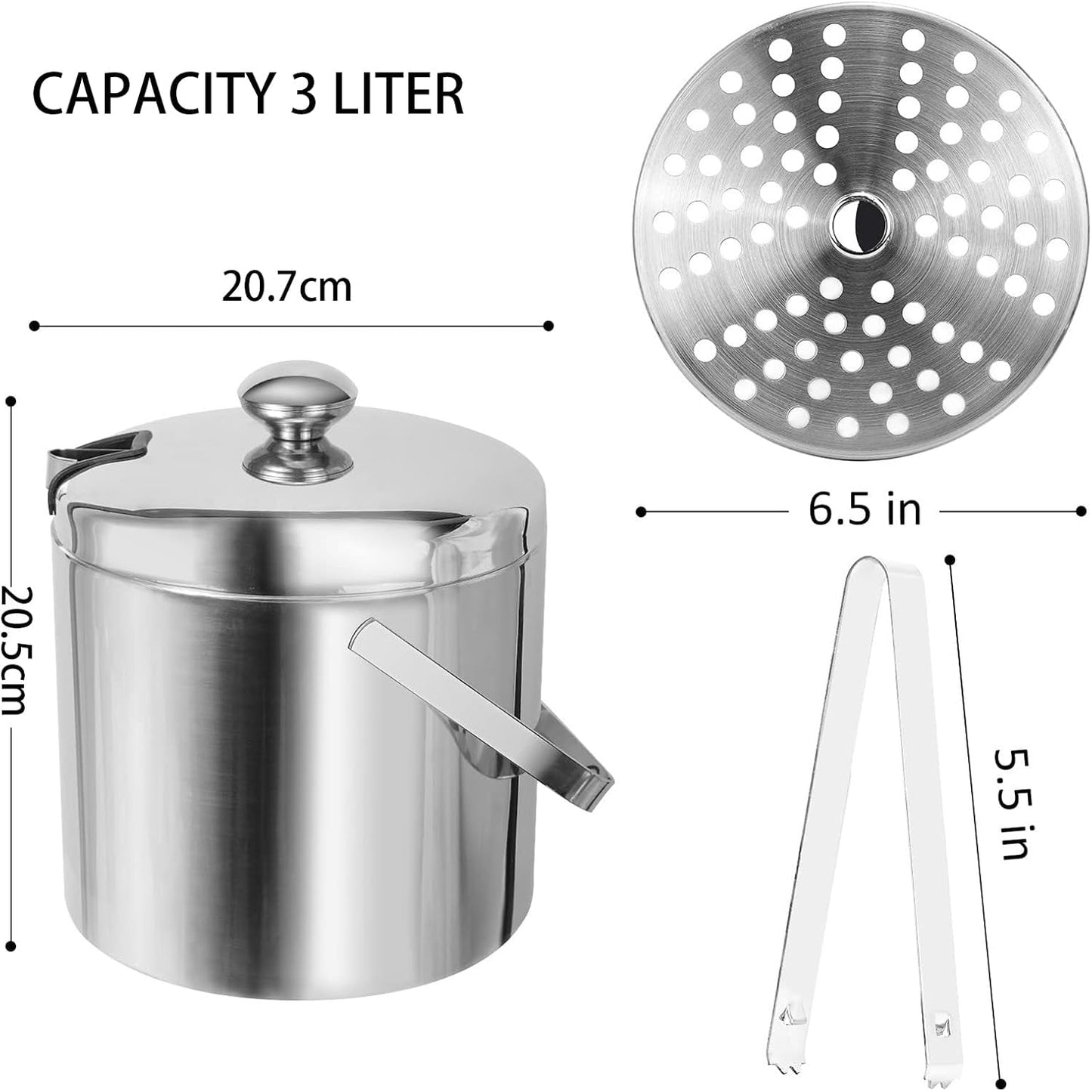 THMINS 3L Double-Wall Stainless Steel Insulated Ice Bucket With Lid & Ice Tong, Included Strainer, Ideal for Cocktail Bar, Parties, Chilling Wine, Champagne - Medaid International