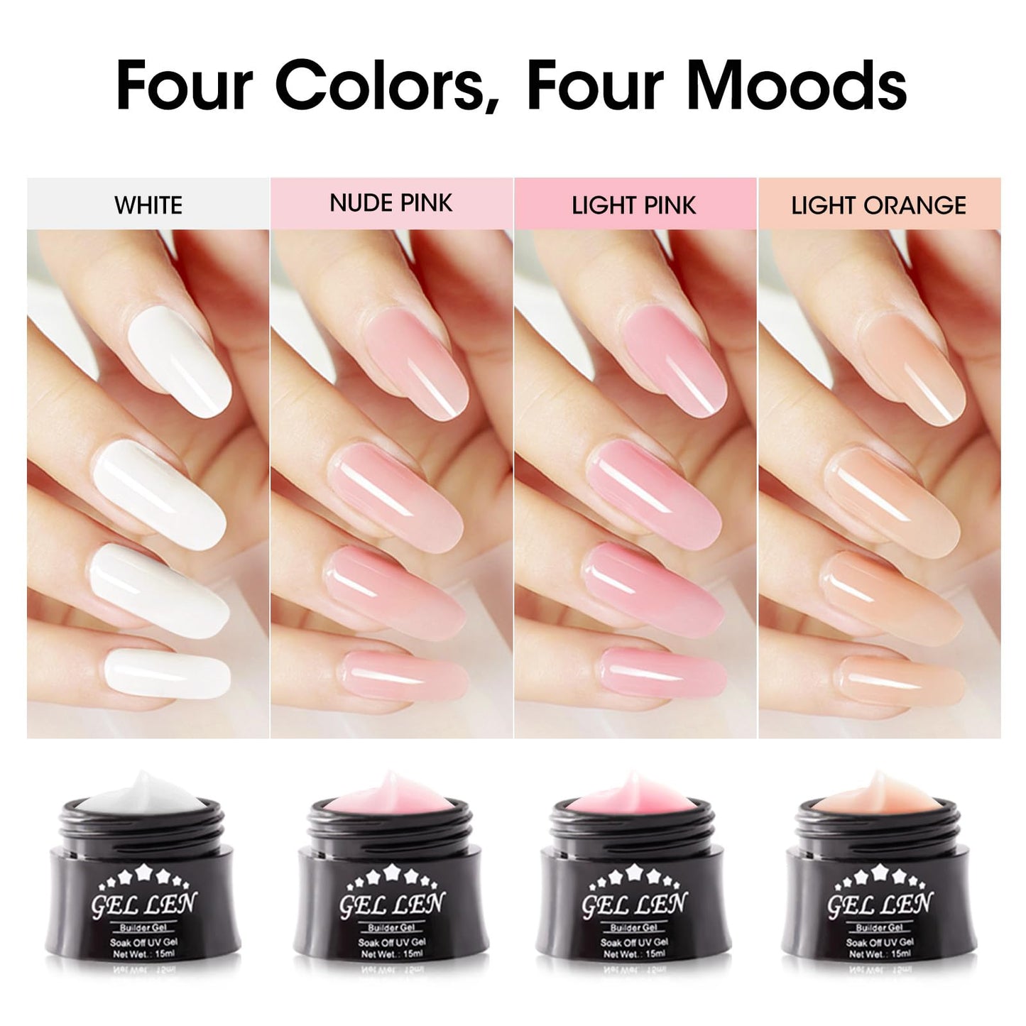 Gellen Professional Extension Poly Gel Soak Off UV Builder Gel Set Acrylic Nail Kit, DIY Home Gel Manicure (15ml, 4 Colors), Peach Clear Pink Lavender - Medaid International