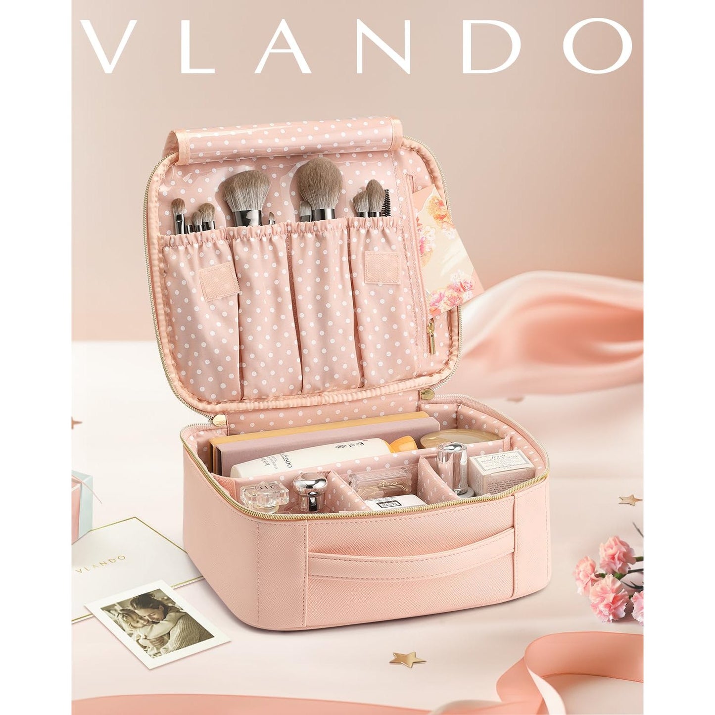 Vlando Travel Makeup Bag, Large Capacity Cosmetic Bag for Women PU Leather Makeup Case Organizer Portable Make up Bag with Dividers and Handle for Girls,Wedding,Makeup Brushes Pink - Medaid International