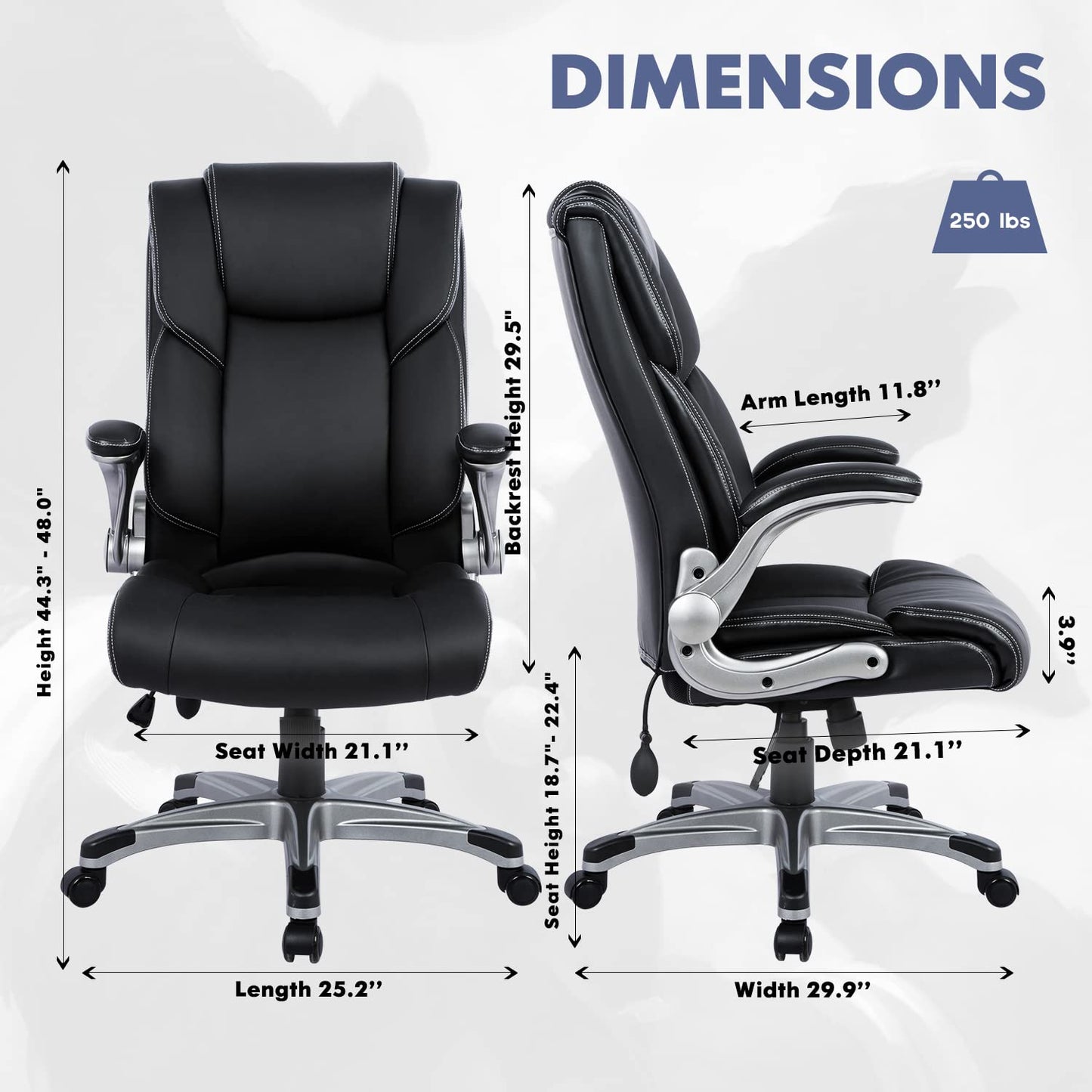 COLAMY High Back Executive Office Chair- Ergonomic Home Computer Desk Leather Chair with Padded Flip-up Arms, Adjustable Tilt Lock, Swivel Rolling Chair for Adult Working Study-Black - Medaid International