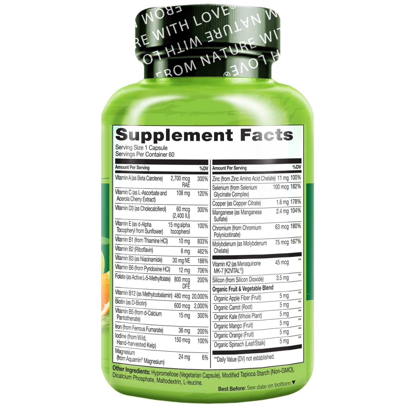 NATURELO Bariatric Multivitamin - One Daily with Iron - Supplement for Post Gastric Bypass Surgery Patients - Natural Whole Food Nutrition - 60 Veggie Capsules - Medaid International