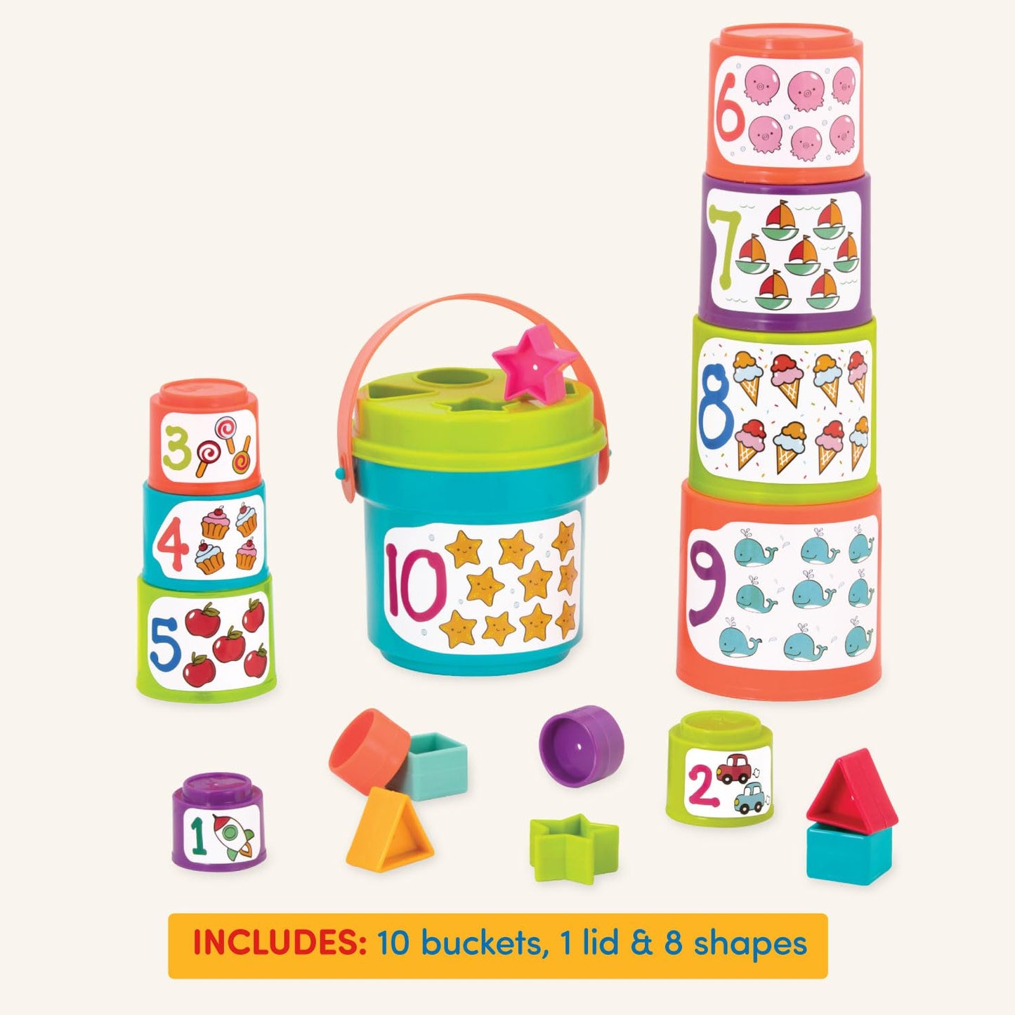 Battat – Nesting Sorter Set – 19 Pieces Stacking Bucket Sort Set – 10 Cups & 8 Shapes – Educational & Dexterity Toys – 18+ Months – Sort & Stack - Medaid International
