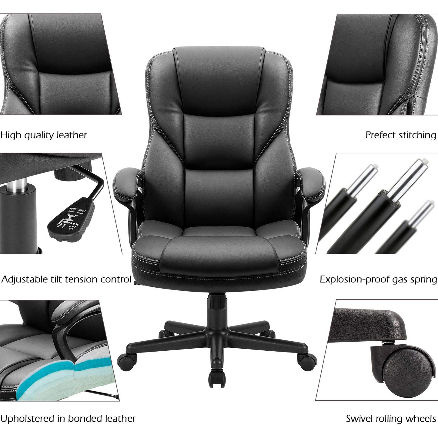 Furmax Office Executive Chair High Back Adjustable Managerial Home Desk Chair, Swivel Computer PU Leather Chair with Lumbar Support (Black) - Medaid International