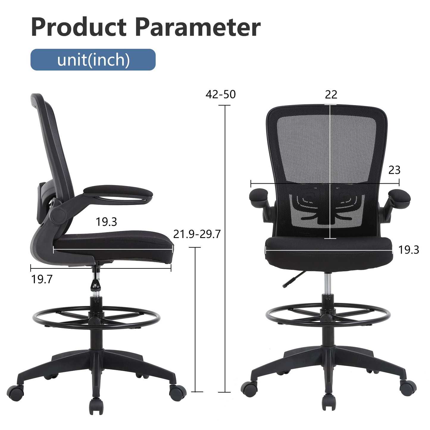 PayLessHere Ergonomic Drafting Chair Tall Office Chair High Adjustable Standing Desk Chair with Lumbar Support Mesh Back Footrest Flip-Up Arms for Office Computer Desk Standing Desk (Black) - Medaid International