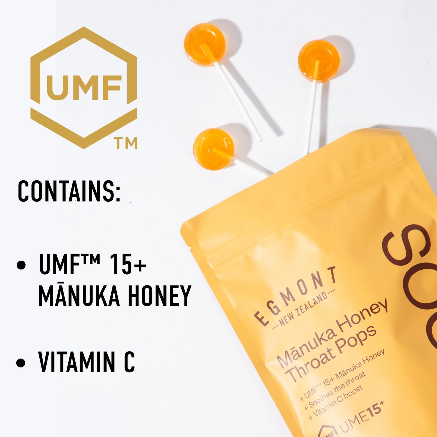 Egmont Honey Manuka Honey Throat Pops 10 Count | UMF 15+ New Zealand Honey with Vitamin C | Natural Soothing Lollipops - Medaid International