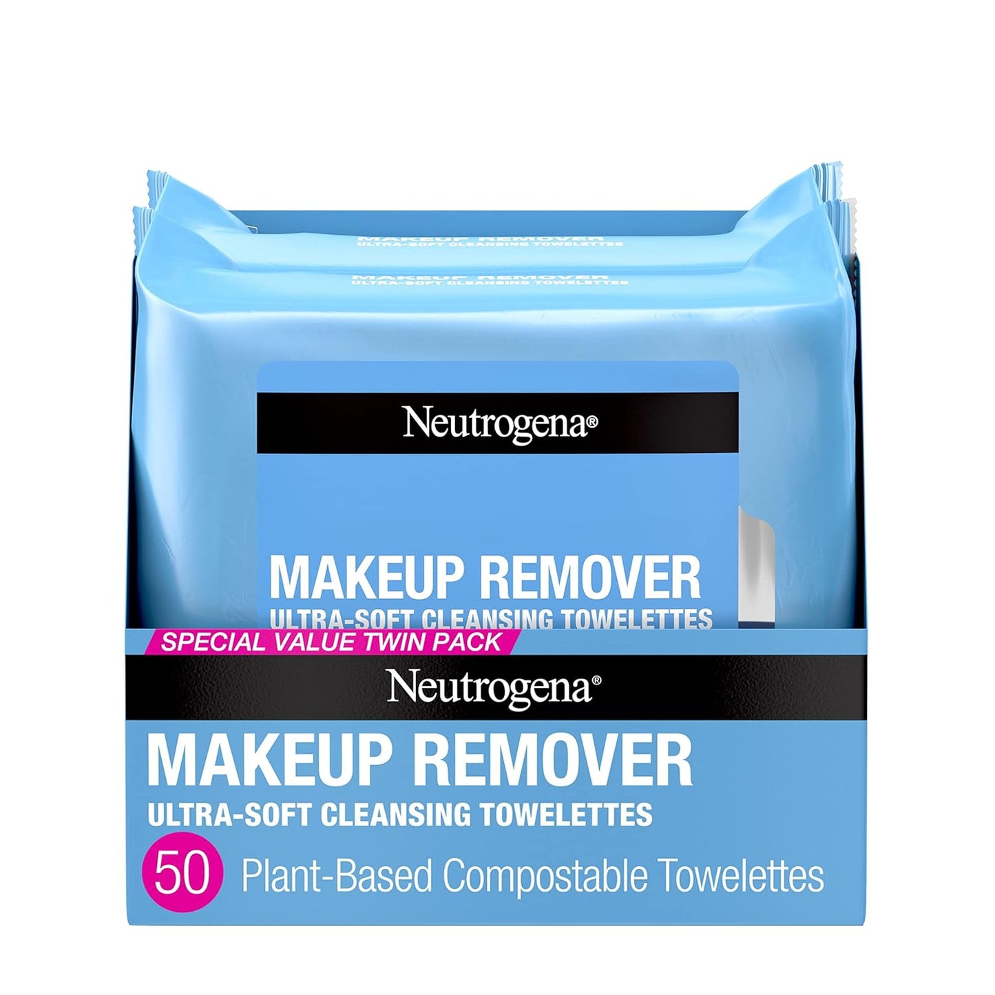 Neutrogena Makeup Remover Wipes, Ultra-Soft Cleansing Facial Towelettes for Waterproof Makeup, Alcohol-Free, Plant-Based, Twin Pack, 25 Count (Pack of 2) - Medaid International