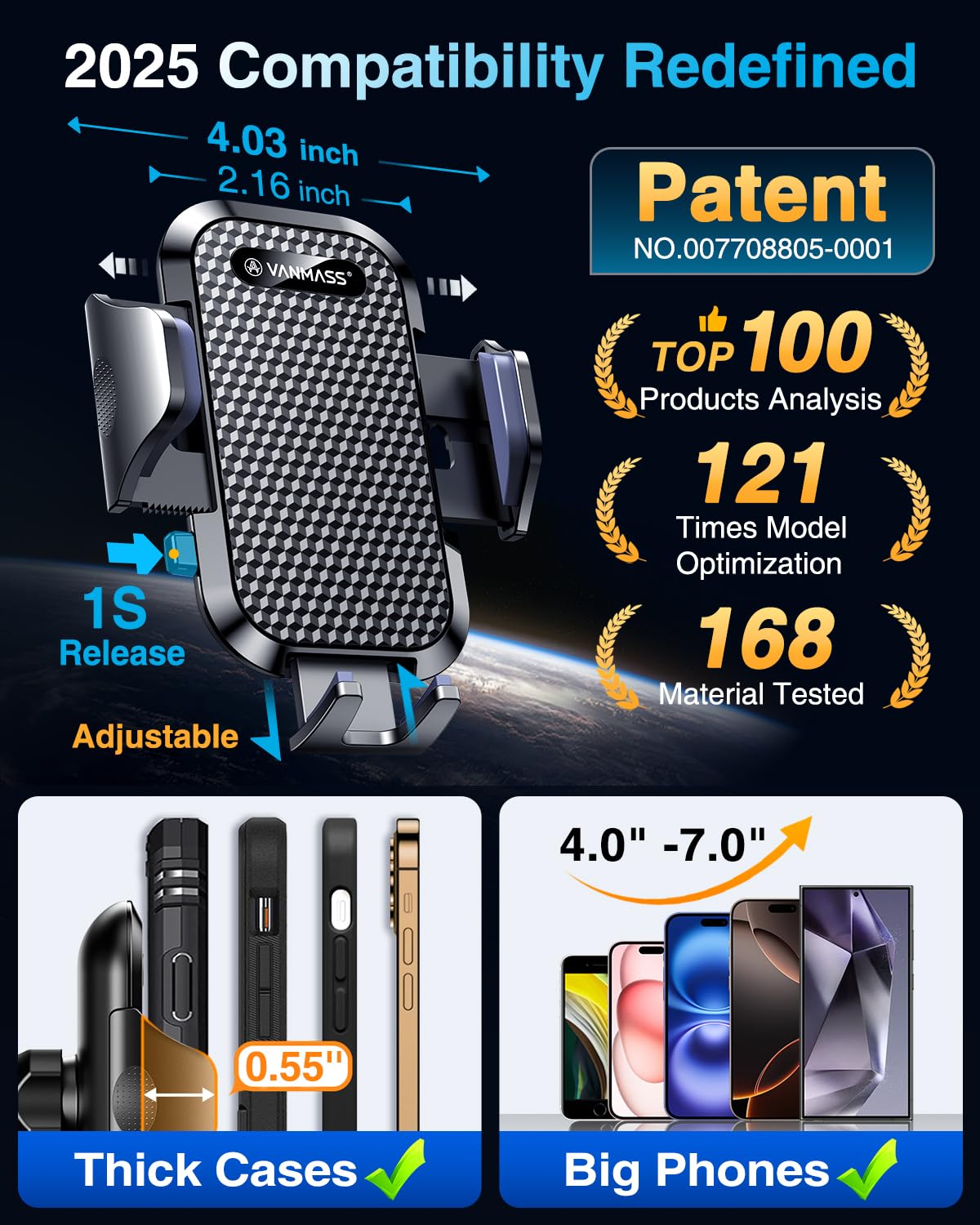 VANMASS Car Phone Holder 2025 Military-Grade Phone Holder for Your Car Windshield Dashboardใ 65 Lbs Strongest SuctionใใPatent & Safety Certsใ Universal Cell Phone Car Mount for iPhone Samsung Android - Medaid International