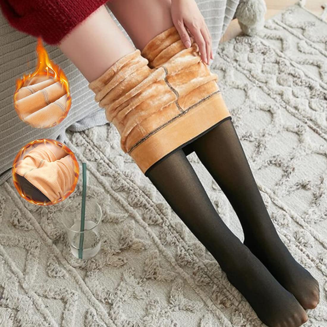Mitid Fleece Lined Tights Women Leggings Thermal Pantyhose Fake Translucent Opaque High Waisted Winter Warm Sheer Tight - Medaid International
