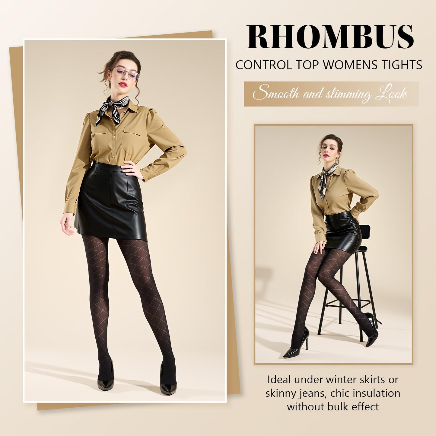 MANZI Diamond Patterned Control Top Tights Checkered Tummy Control Pantyhose 50 Denier Black Small-Medium - Medaid International