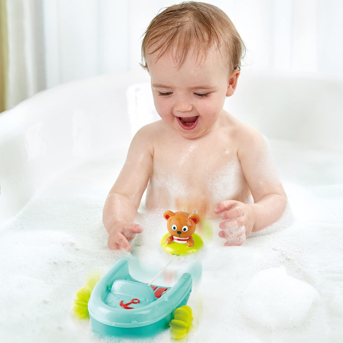 Hape Tubing Pull-Back Boat Bath Toy| Teddy Bear Floating Paddle Boat Bath Toy| Bathtub Shower Toy for Toddlers - Medaid International