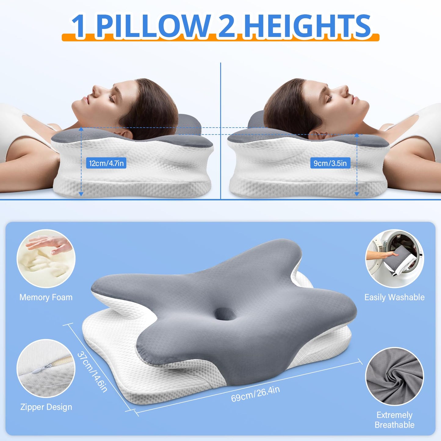 Ehomfory Cervical Pillow for Neck Pain Relief, Hollow Design Odorless Memory Foam Pillows with Cooling Case, Adjustable Orthopedic Bed Pillow for Sleeping, Support for Side Back Sleepers (Gray) - Medaid International