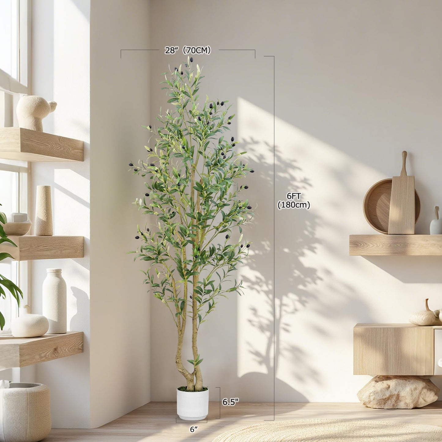 HZXGCP Olive Tree 6ft, Artificial Olive Tree with White Pot, Fake Tree with 1296 Dense Leaves & 72 High-Simulated Olive Fruits - Easy Assembly, Low Maintenance (Olive Tree 6ft) - Medaid International