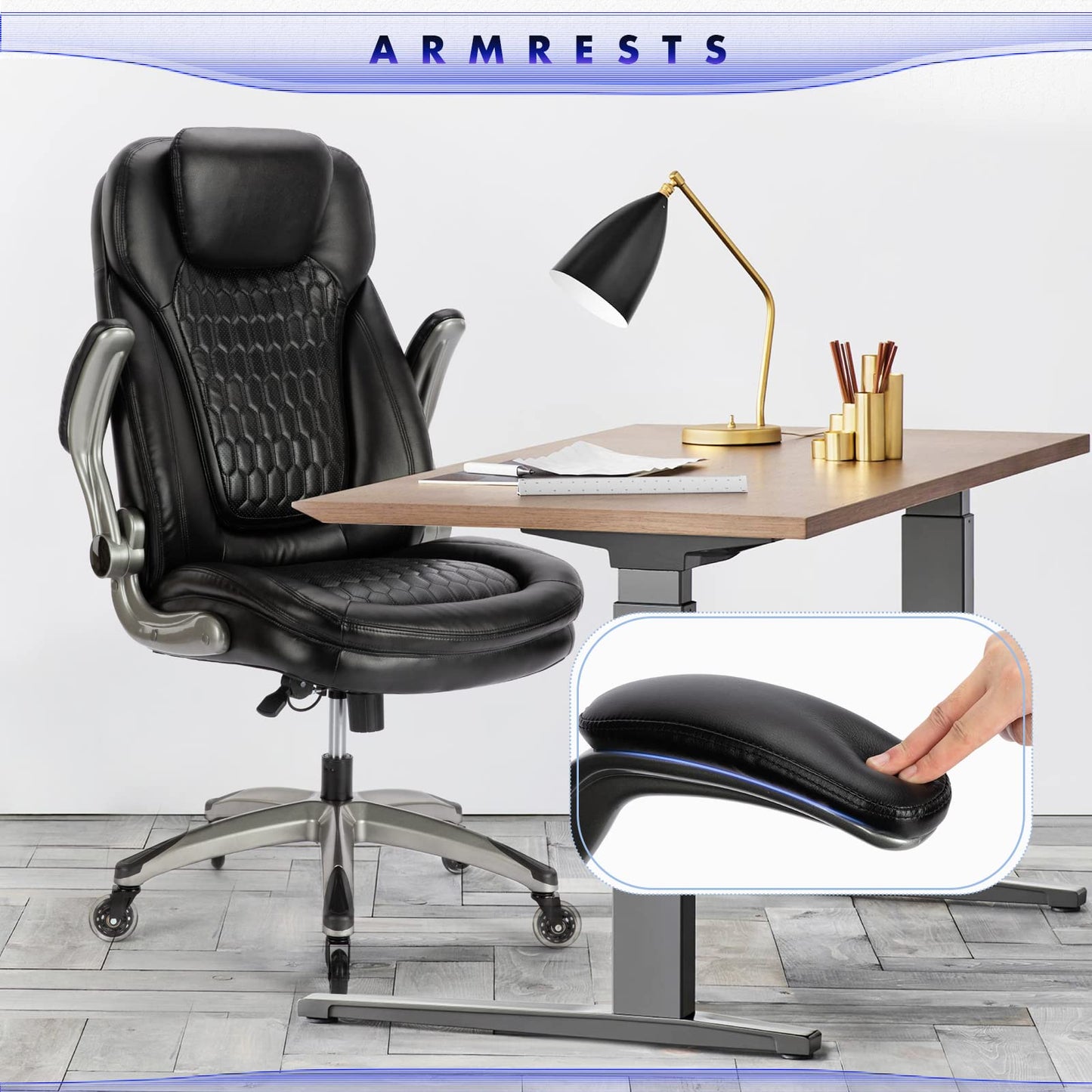 Executive Office Chair-Ergonomic Computer Desk Chair, High Back Leather Chair with Padded Flip-up Arms, Swivel Home Office Chair Upgraded Caster-Black - Medaid International