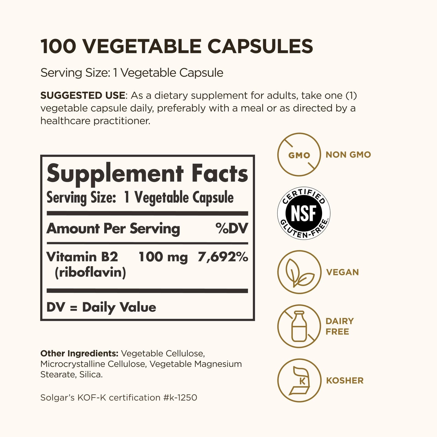 Solgar Vitamin B2 (Riboflavin) 100mg, 100 Vegetable Capsules - Energy Metabolism, Healthy Nervous System - Non-GMO, Vegan, Gluten Free, Dairy Free, Kosher - 100 Servings - Medaid International