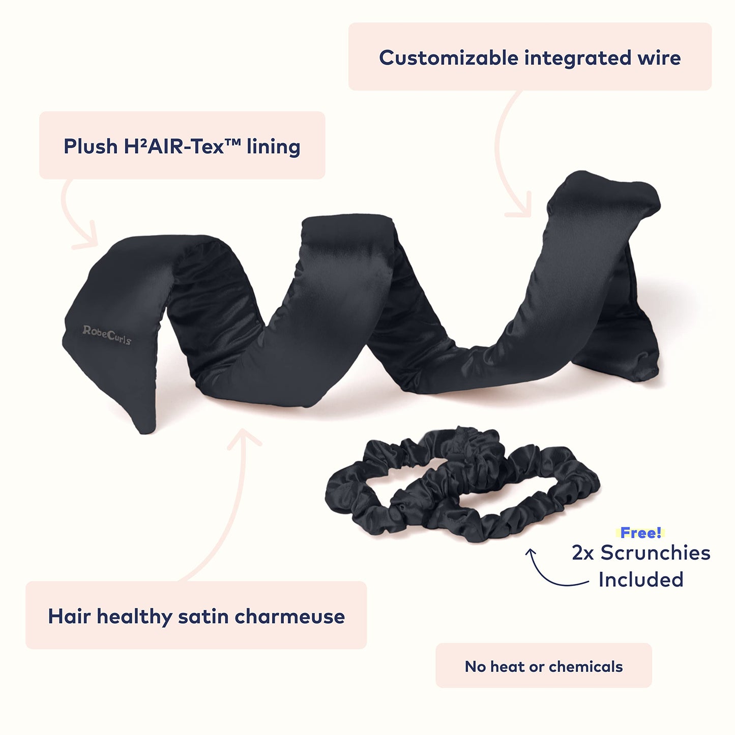 RobeCurls Heatless Hair Curler Set - Satin Curling Headband for Natural, No-Heat Curls - Sleep in Overnight Styling Tool with 2 Scrunchies - Easy & Gentle on Hair (Black) - Medaid International