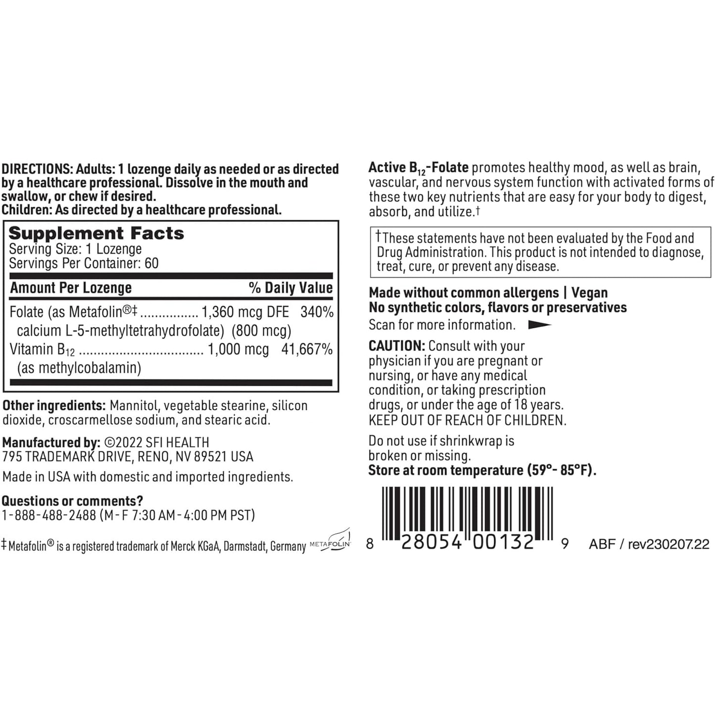 Klaire Labs SFI Health Active B12-Folate - Vitamin B12 Lozenges with Methyl Folate - Methylated B12 (B12 1000 Mcg) and Active Folate Supplement - Hypoallergenic & Tastes Great (60 Dissolvable Tablets) - Medaid International