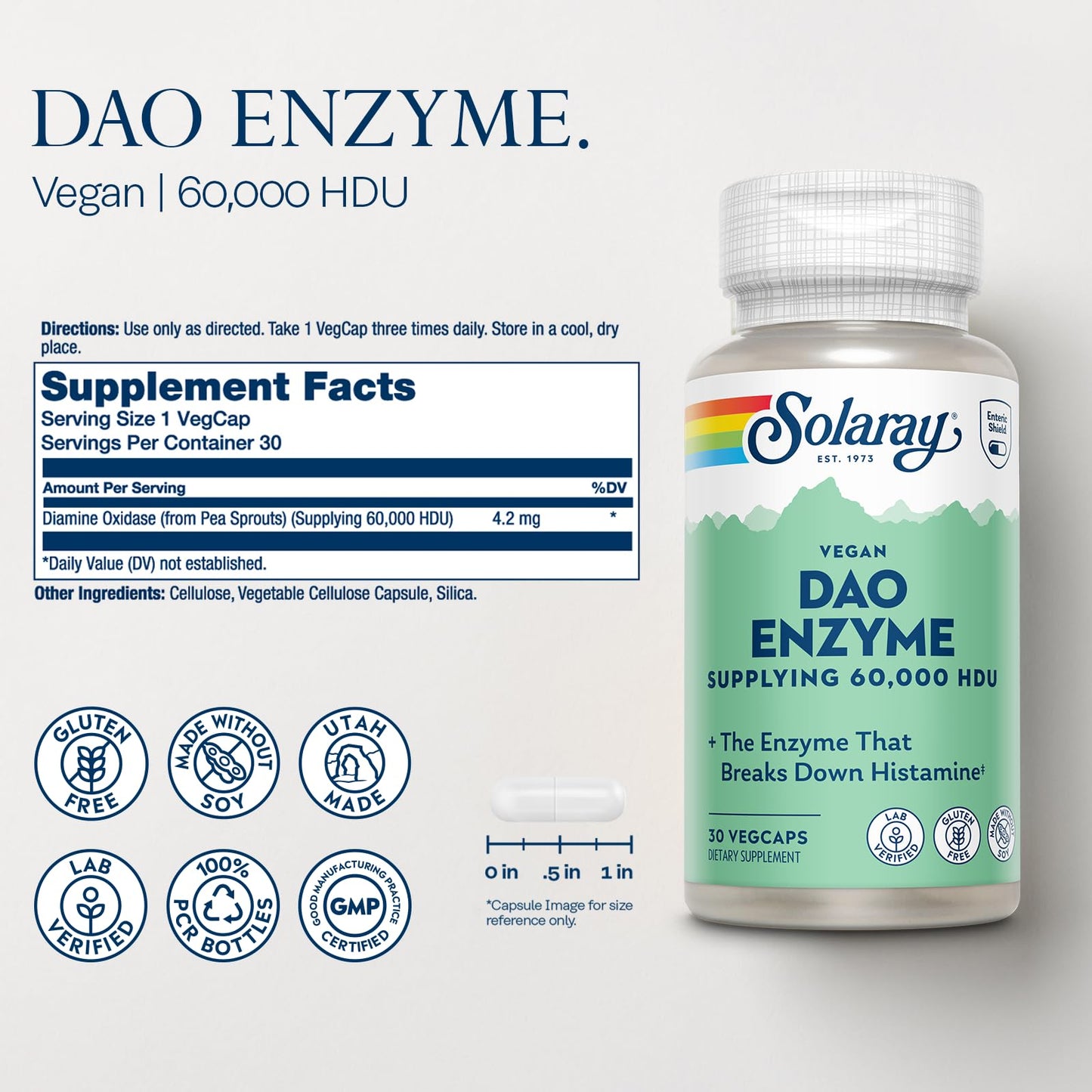 SOLARAY DAO Enzyme - Digestive Enzyme That Breaks Down Histamine - 60,000 HDU - Digestive Enzymes - Vegan, Gluten Free, Lab Verified - 30 Servings, 30 VegCaps - Medaid International