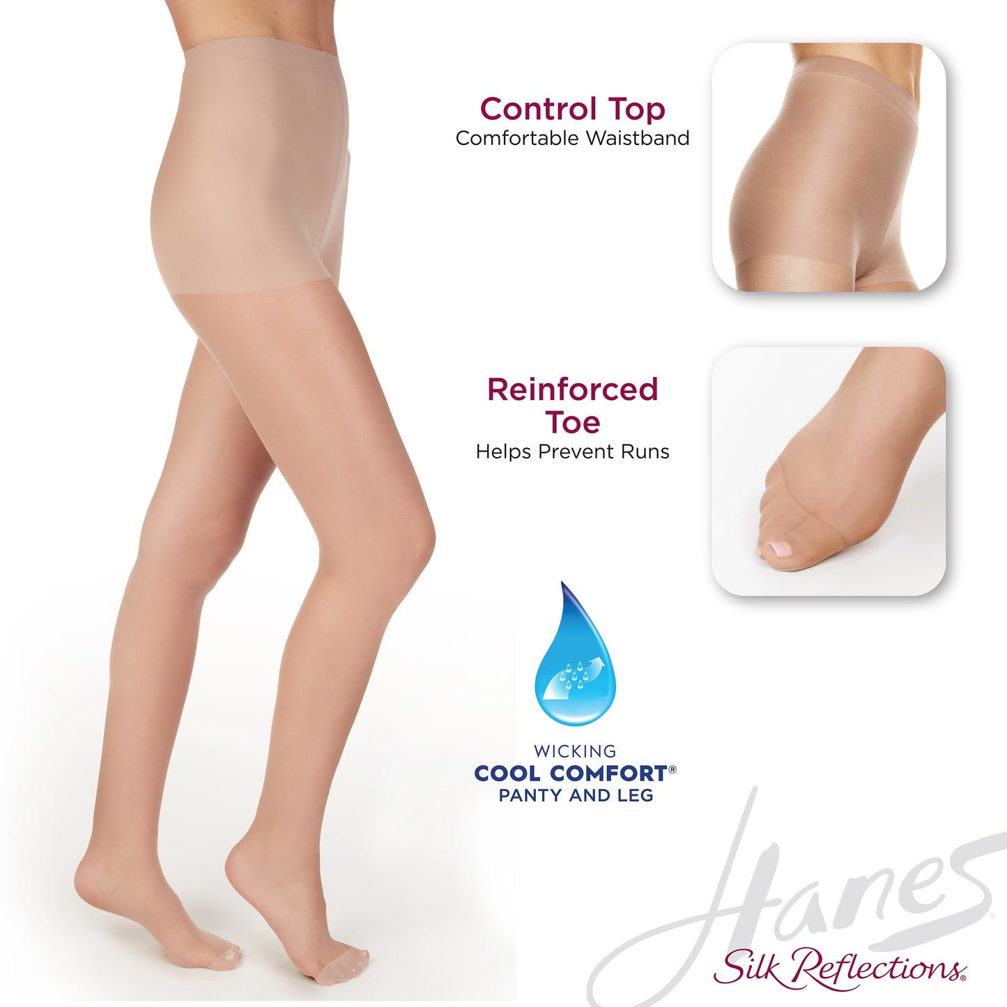 Hanes Silk Reflections Control Top Reinforced Toe Silky Sheer Pantyhose, Jet, Size AB (Pack of 1) - Medaid International