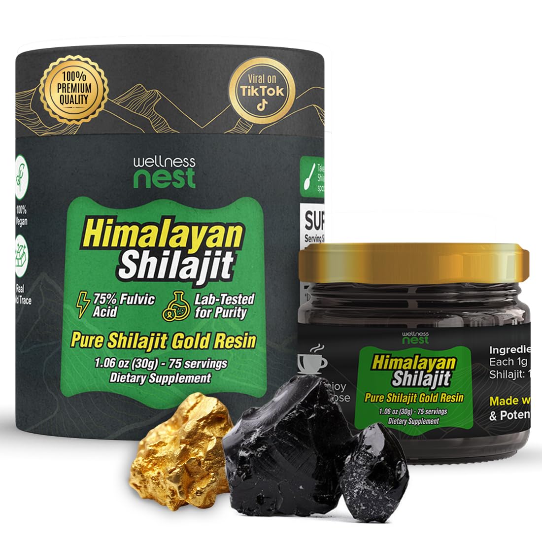 Wellness Nest Gold Grade Pure Himalayan Shilajit Resin: Ultimate Potency for Men & Women - 24k Gold, 75%+ Fulvic Acid, Lab Test Report Included - 30g (1 Pack), 75 Servings - Medaid International