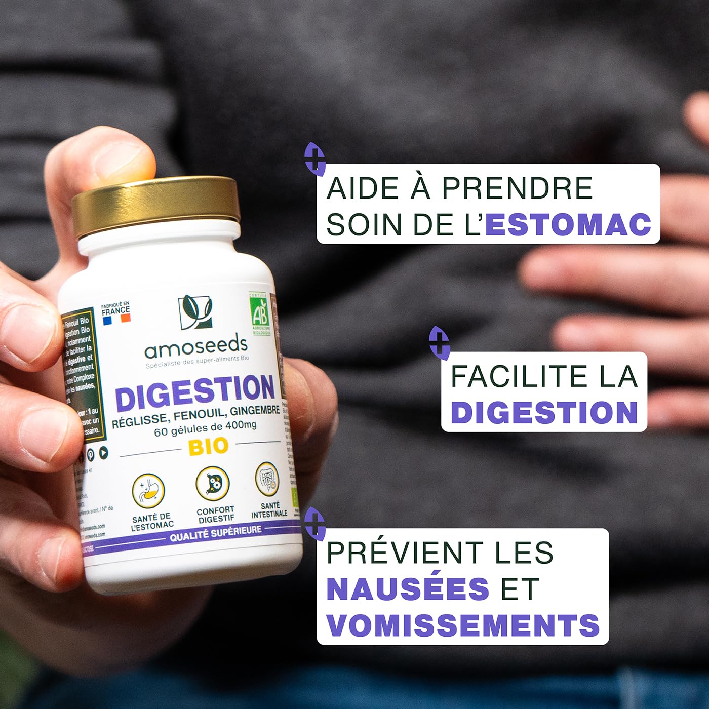 Digestion BIO | Confort Digestif et Santé de l’Estomac | Réglisse, Fenouil, Gingembre | Améliore la Digestion, Réduit les Inconforts | 60 gélules de 400mg | Fabriqué en France | Qualité Supérieure - Medaid International