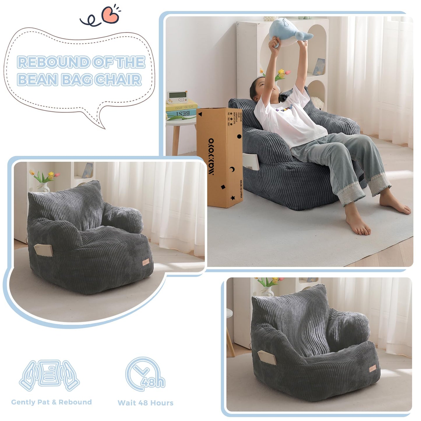 MAXYOYO Kids Bean Bag Chair, Stuffed Toddler Bean Bag Sofa with Filler Bean Bag Chair for Boys and Girls, Lazy Sofa with Pocket Floor Chair for Gaming, Reading, Dark Grey - Medaid International