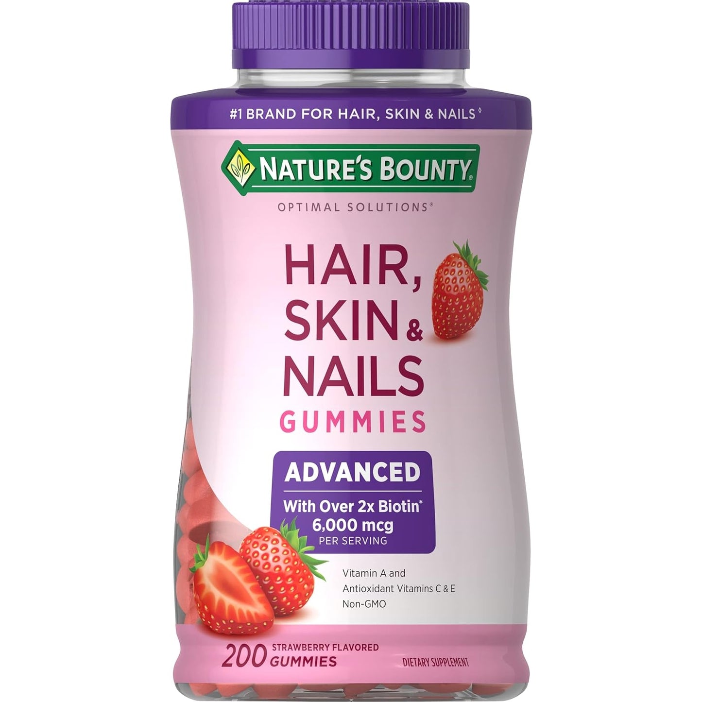 Nature's Bounty Optimal Solutions Advanced Hair, Skin, Nails, 2X Biotin, 200 Strawberry Gummies - Medaid International