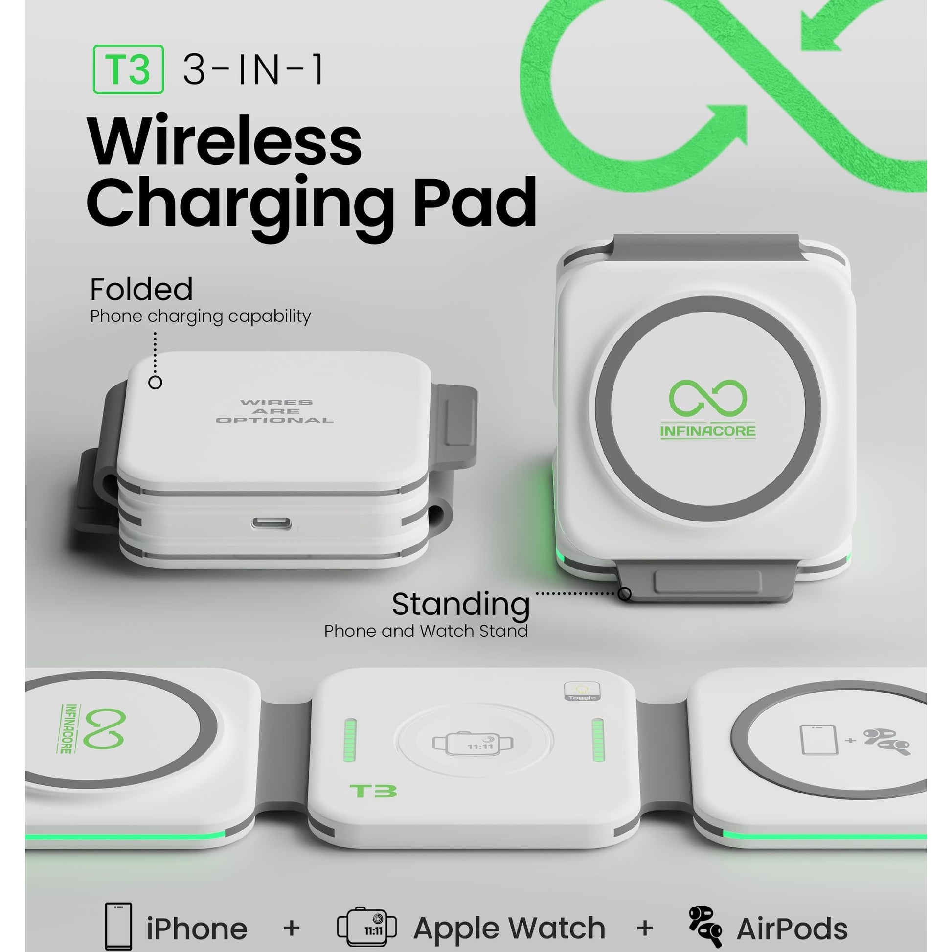 InfinaCore 3-in-1 Charging Station for Apple Devices - Travel Essentials- Magnetic Wireless Travel Charger - Foldable Charging Pad for Magsafe iPhone 16 15 14 13 12 Pro Max/Plus, AirPods & Apple Watch - Medaid International