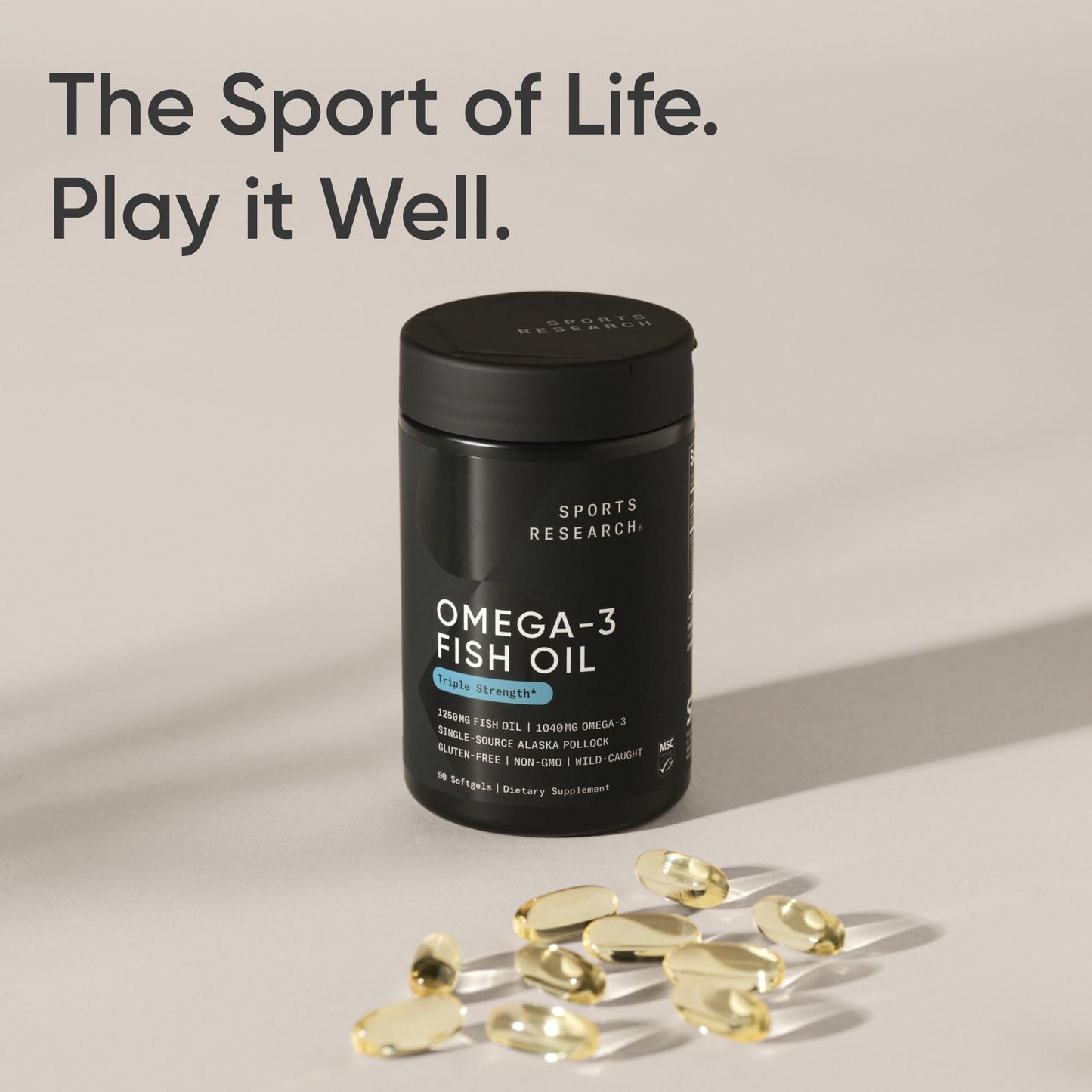 Sports Research Triple Strength Omega 3 Fish Oil - Burpless Fish Oil Supplement w/EPA & DHA Fatty Acids from Single-Source Wild Alaskan Pollock - 1250 mg, 90 ct - Medaid International