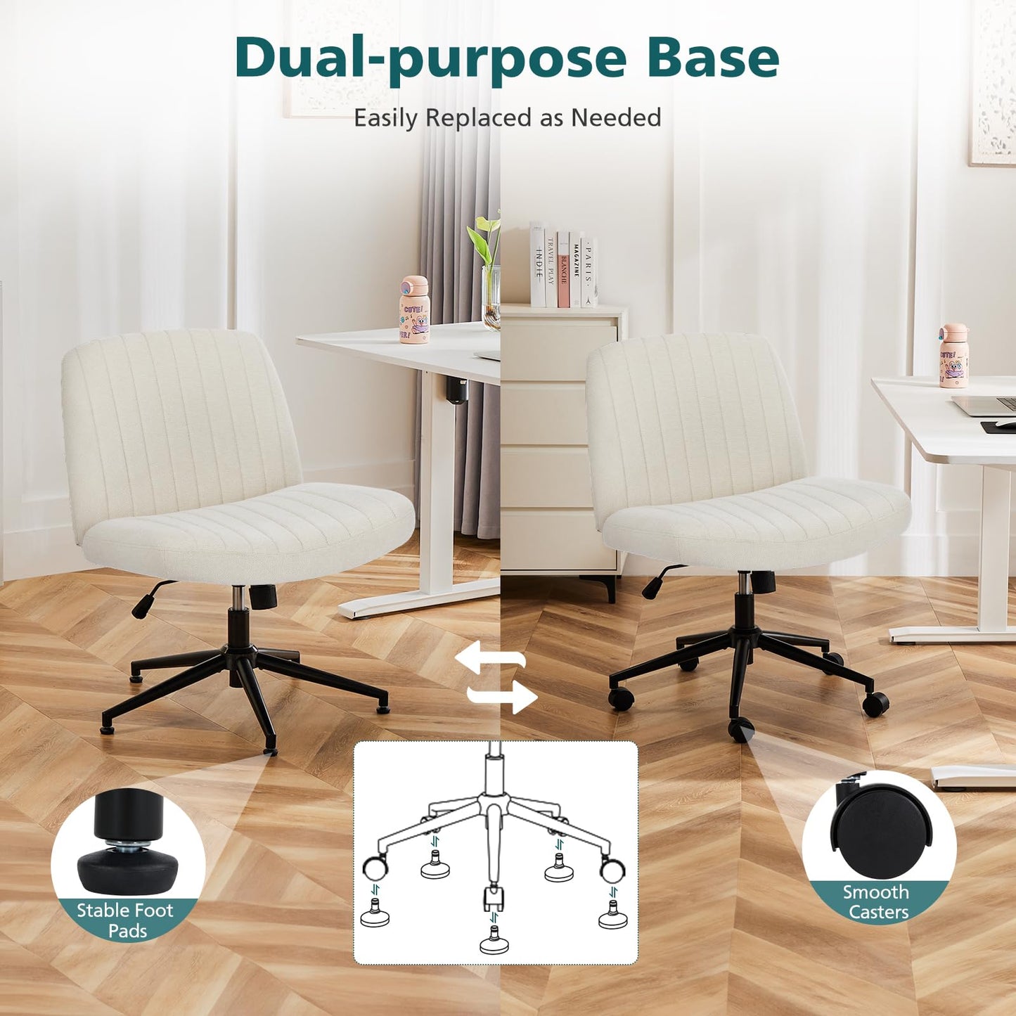 OLIXIS Criss Cross Chair with Wheels Wide Cross Legged Office Desk Vanity Chair Comfy Fabric Armless Adjustable Swivel for Home Computer Task Fabric Beige - Medaid International