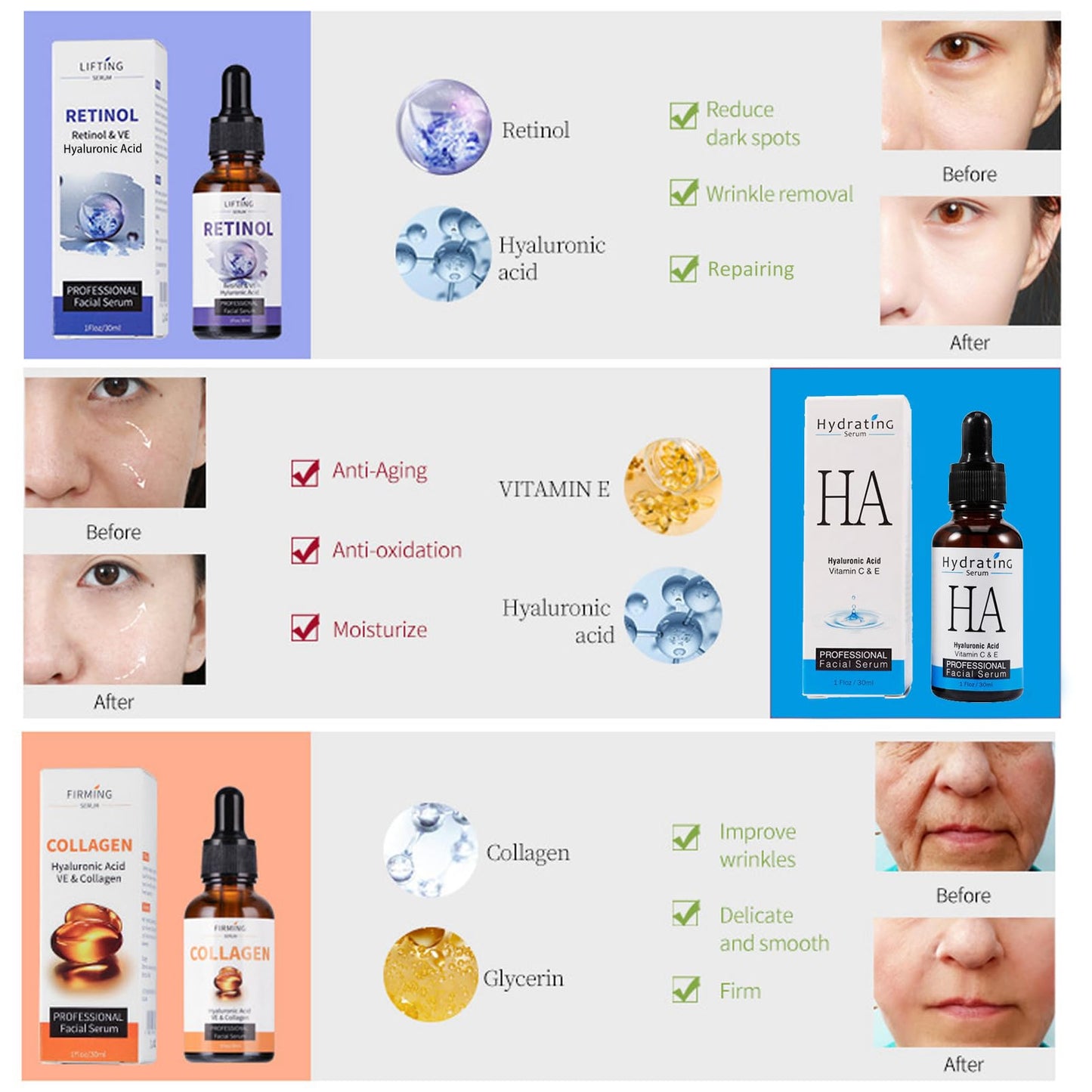 Age Defying Serum 3 Pack - Retinol Serum - Collagen Serum for Face - Moisturizing & Hydrating Skin Hyaluronic Acid - Anti Aging Skincare for Women & Men - Reduce Fine Line & Soothe Wrinkle Skin Care⦠- Medaid International